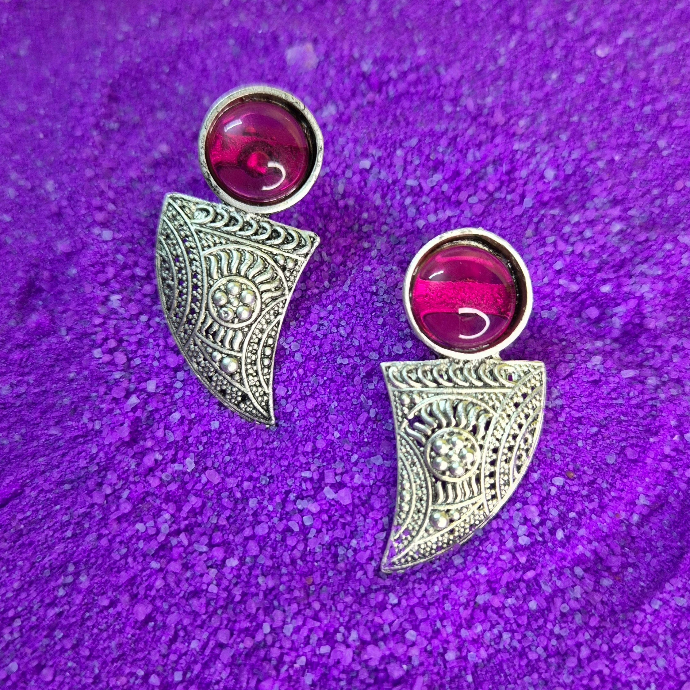 Oxidised Silver Pink/green,black/blue  Stone Studs with Tribal Engraved Drops