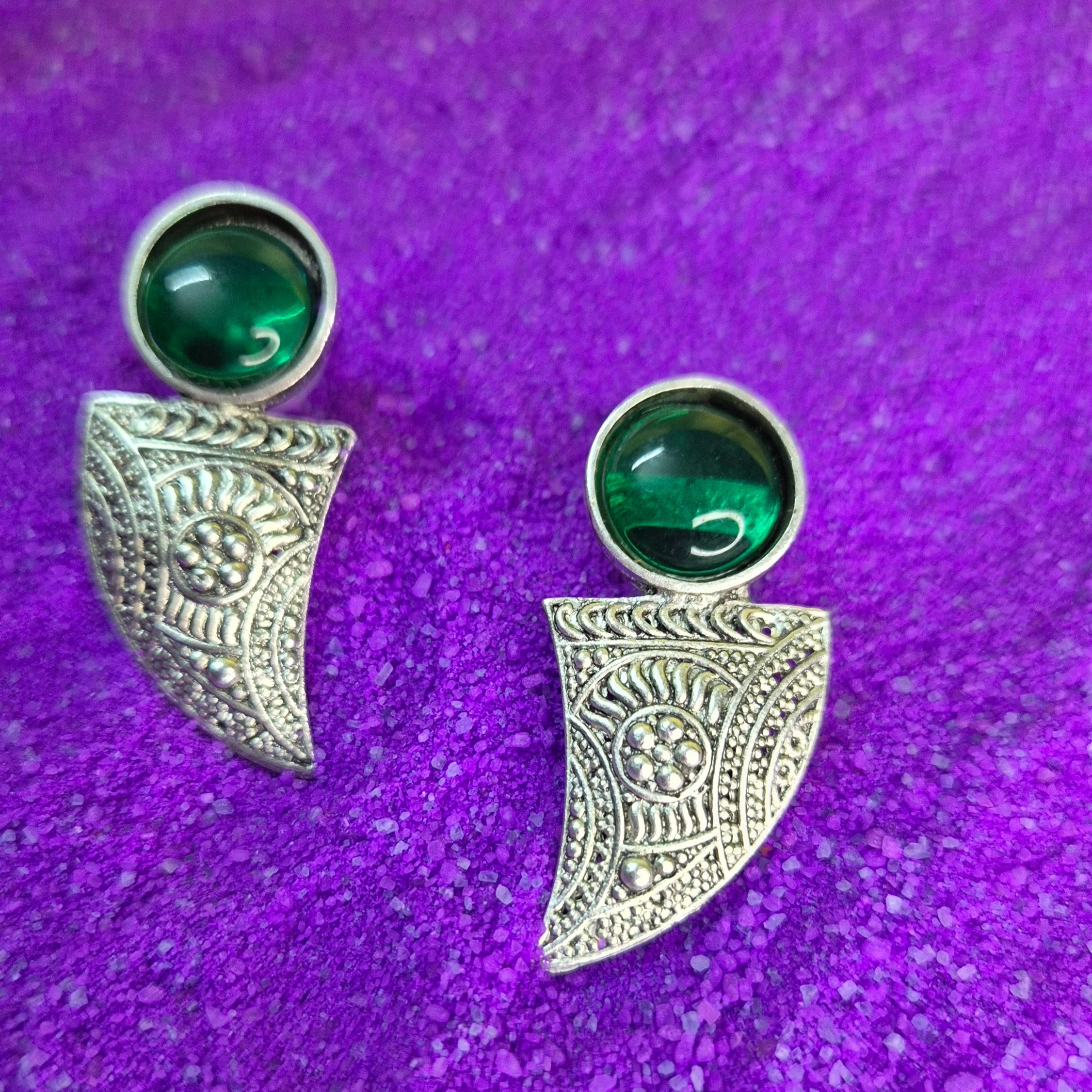 Oxidised Silver Pink/green,black/blue  Stone Studs with Tribal Engraved Drops
