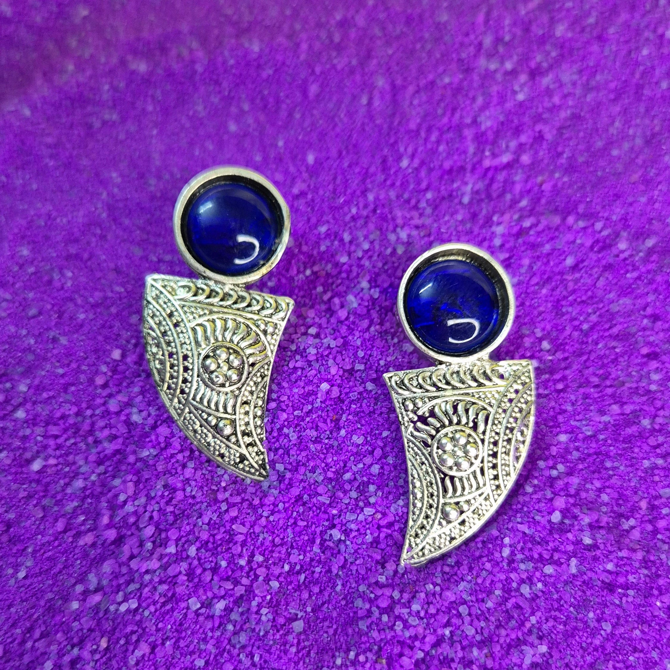 Oxidised Silver Pink/green,black/blue  Stone Studs with Tribal Engraved Drops