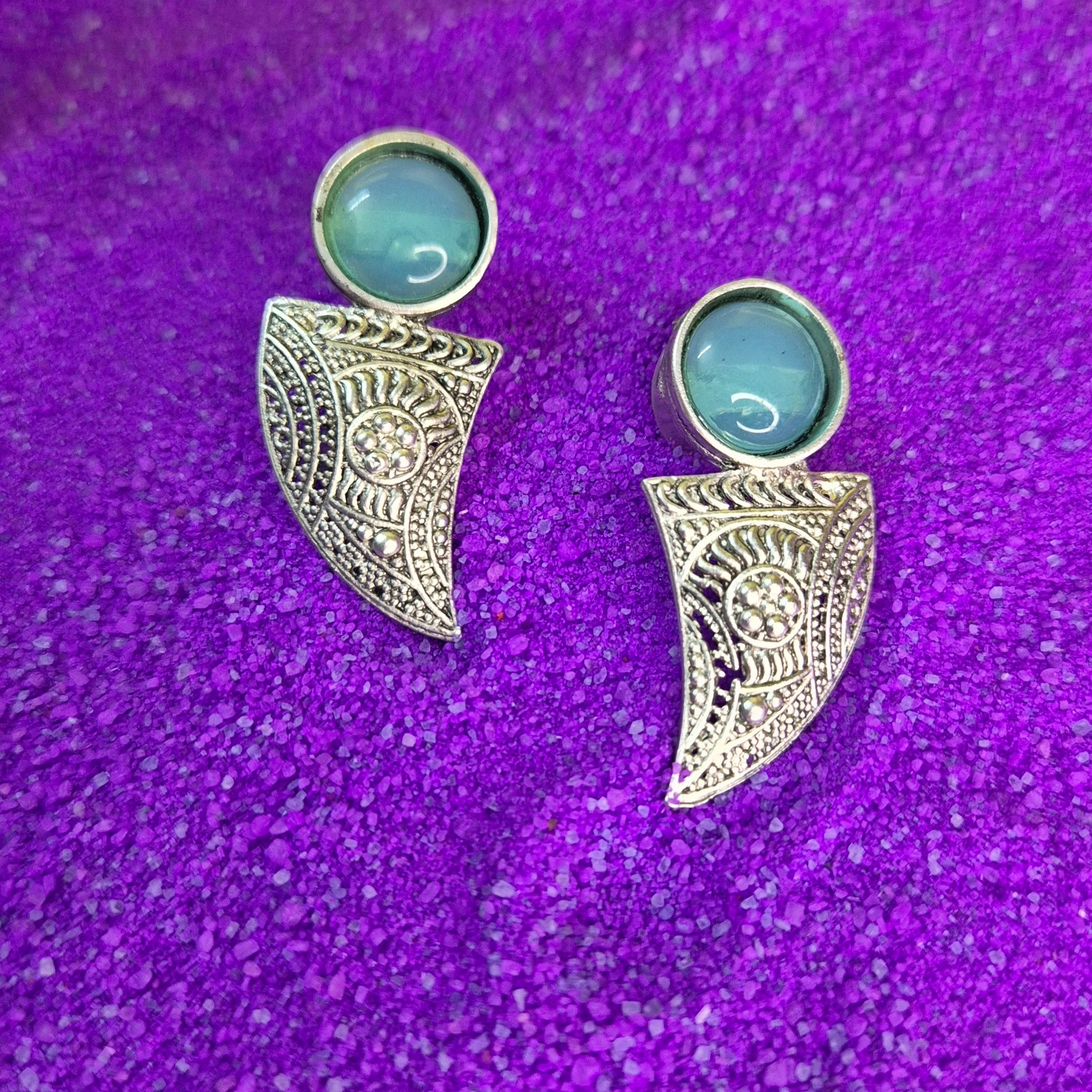 Oxidised Silver Pink/green,black/blue  Stone Studs with Tribal Engraved Drops