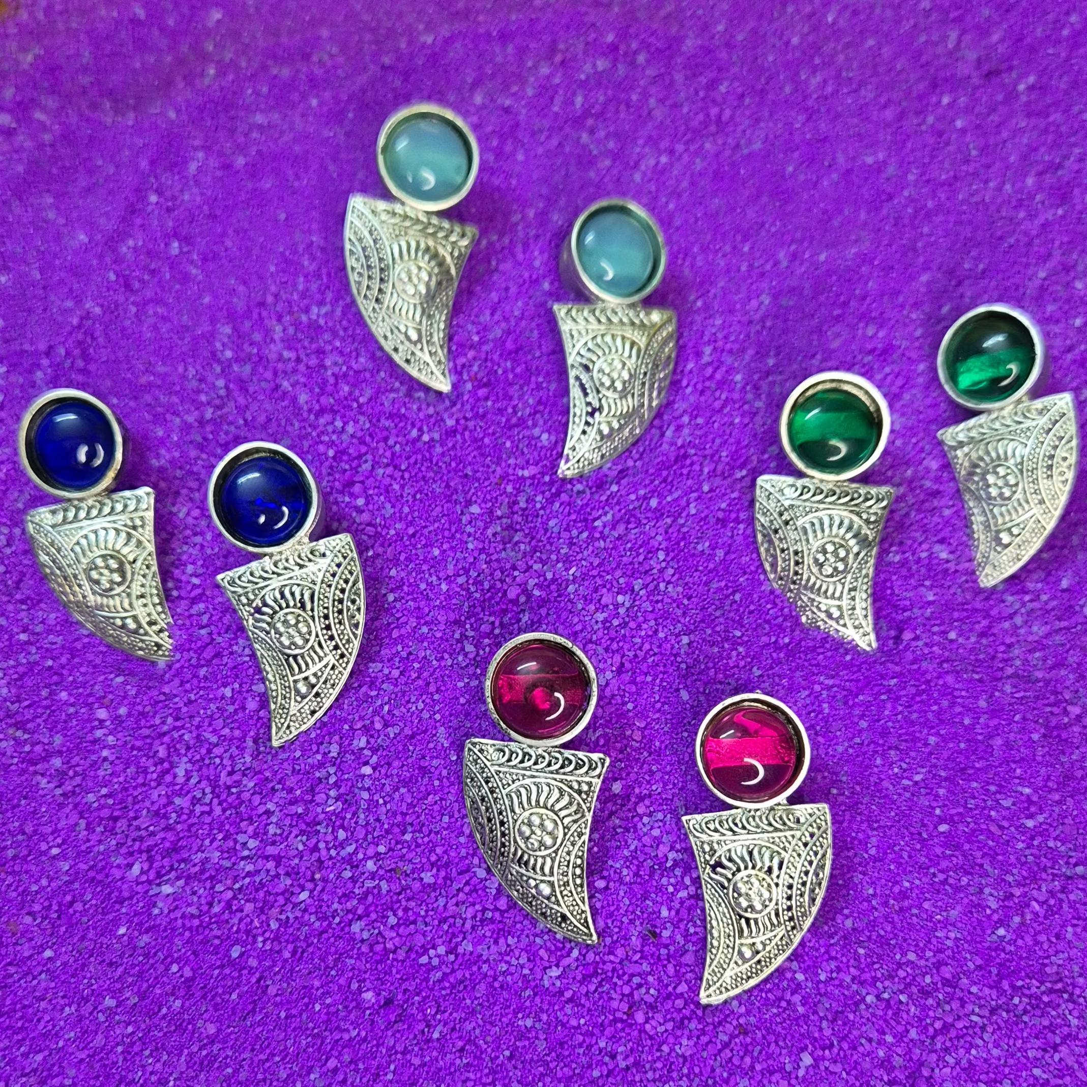 Oxidised Silver Pink/green,black/blue  Stone Studs with Tribal Engraved Drops
