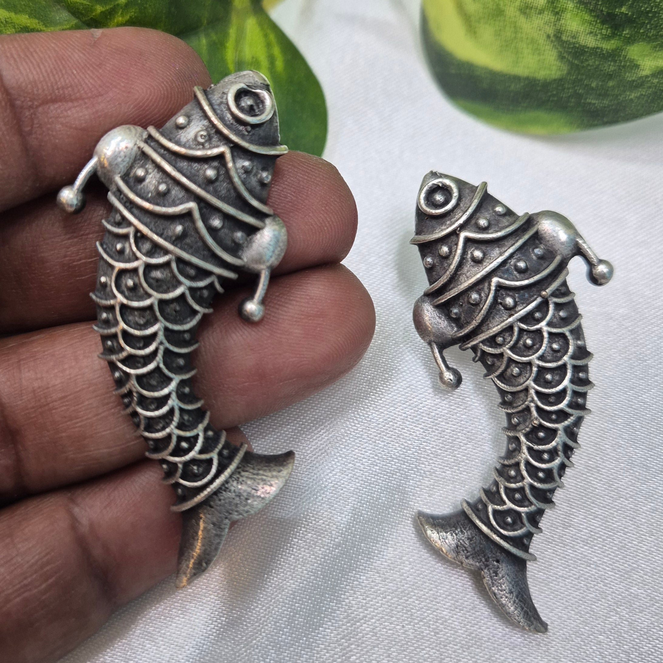 Oxidised Silver Fish Motif Earrings – Artistic Tribal Design