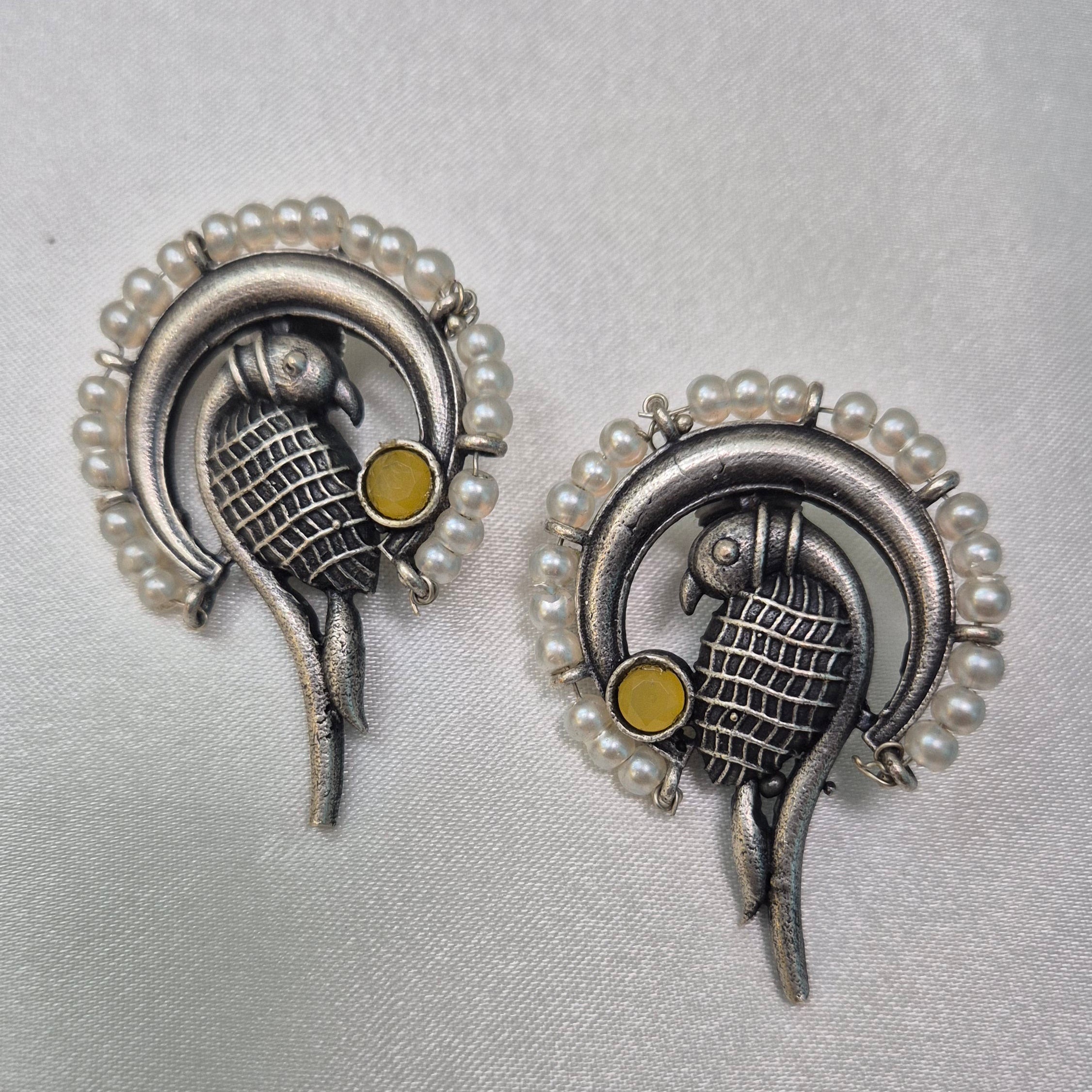 Oxidised Silver Parrot Motif Earrings with Pearl Border