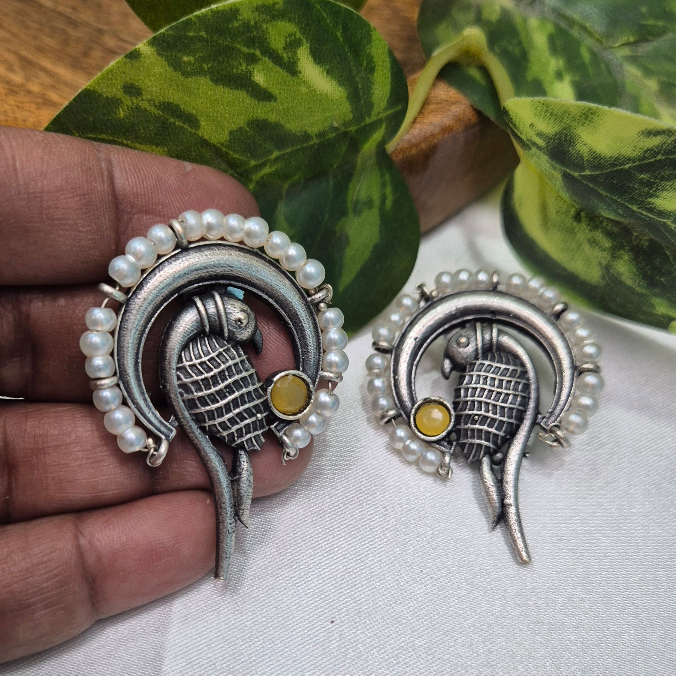 Oxidised Silver Parrot Motif Earrings with Pearl Border