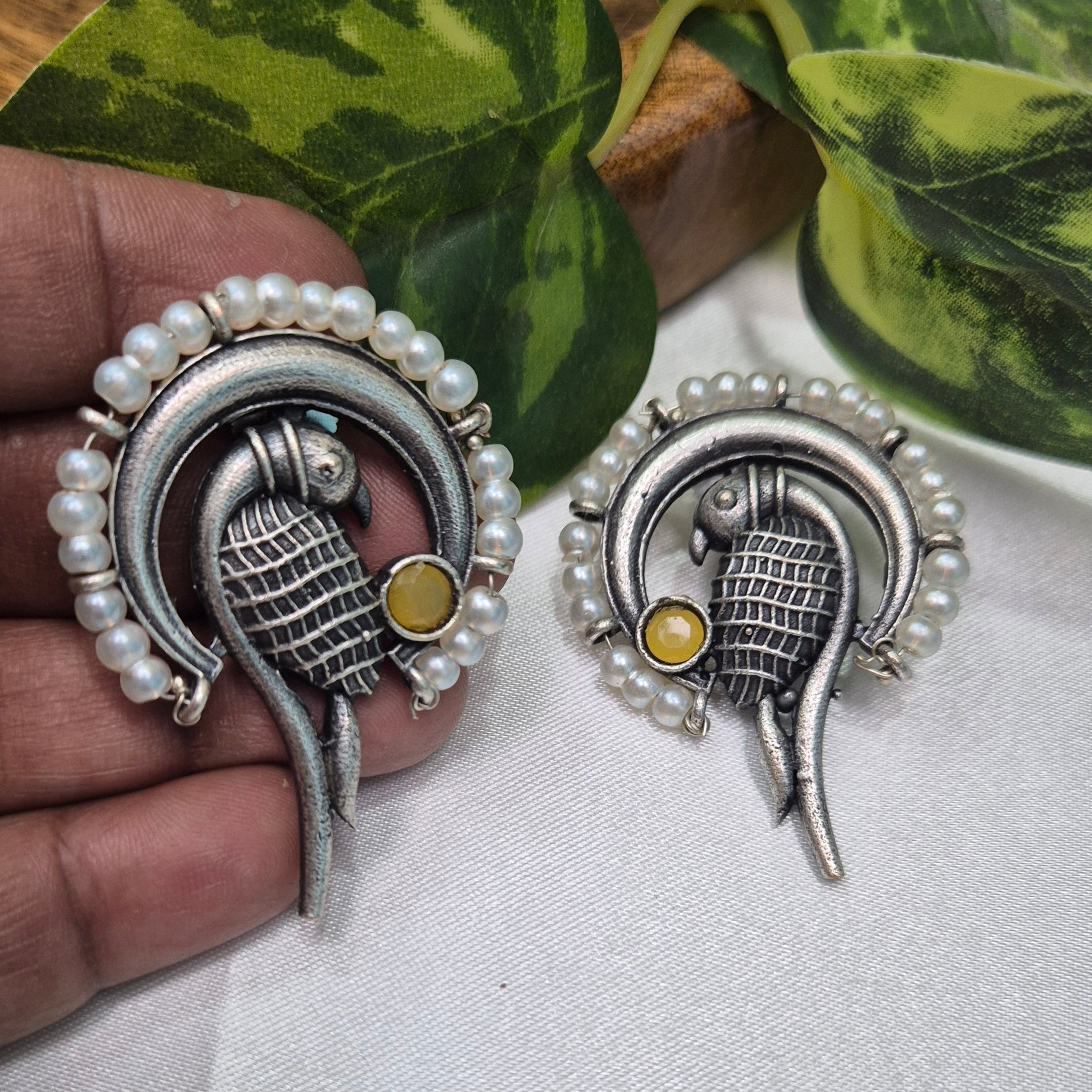 Oxidised Silver Parrot Motif Earrings with Pearl Border