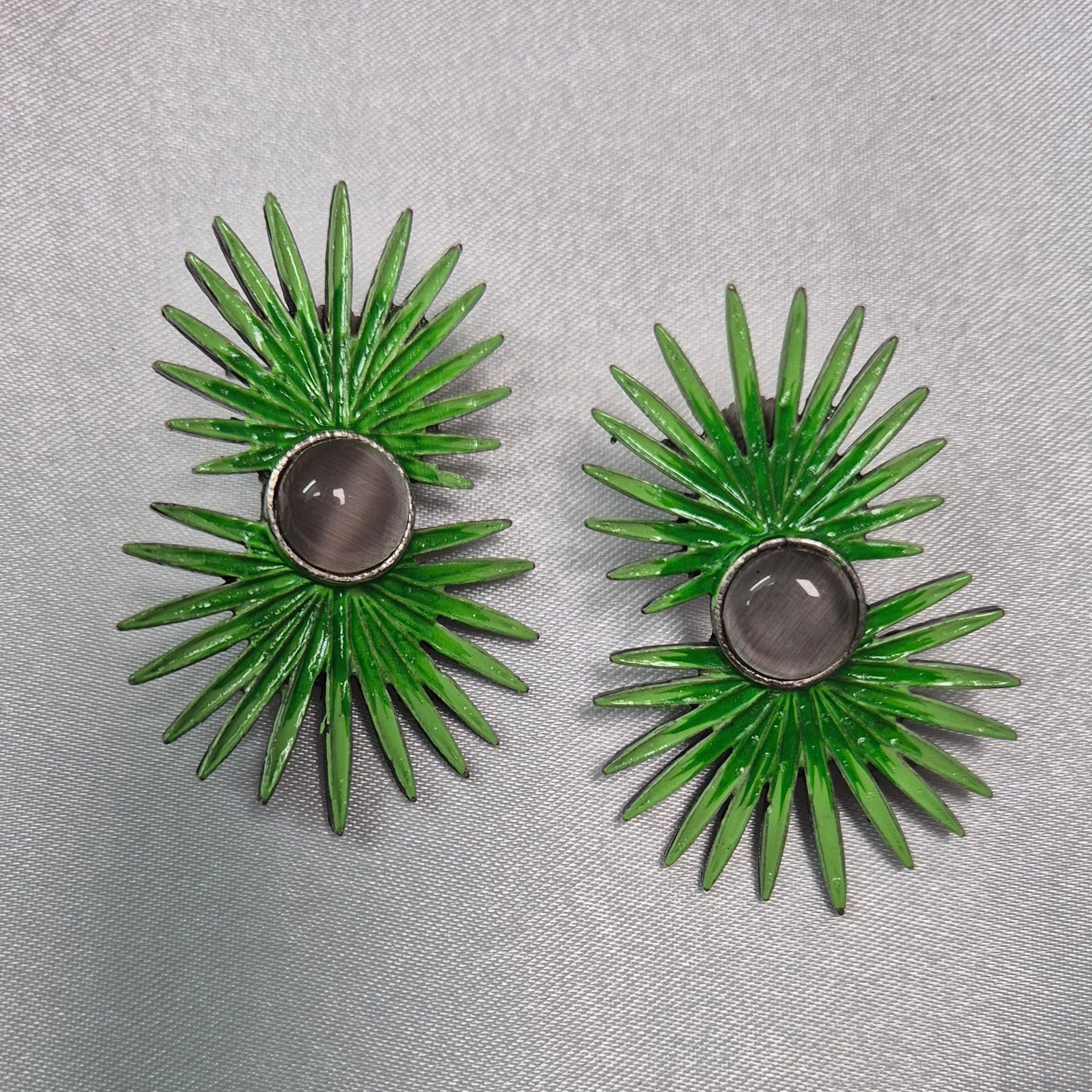 Green Sunburst Statement  Earrings with Grey Stone Center