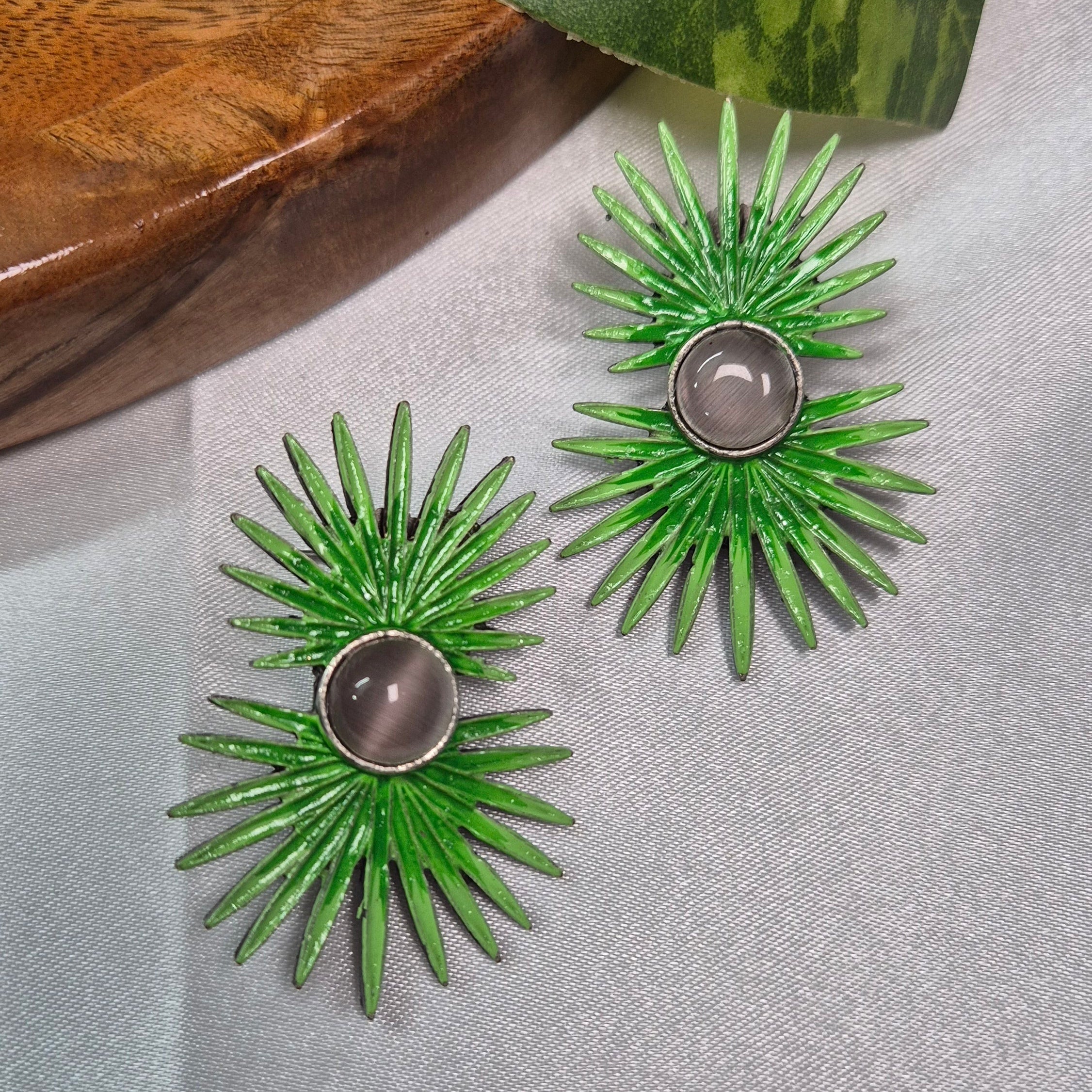 Green Sunburst Statement  Earrings with Grey Stone Center