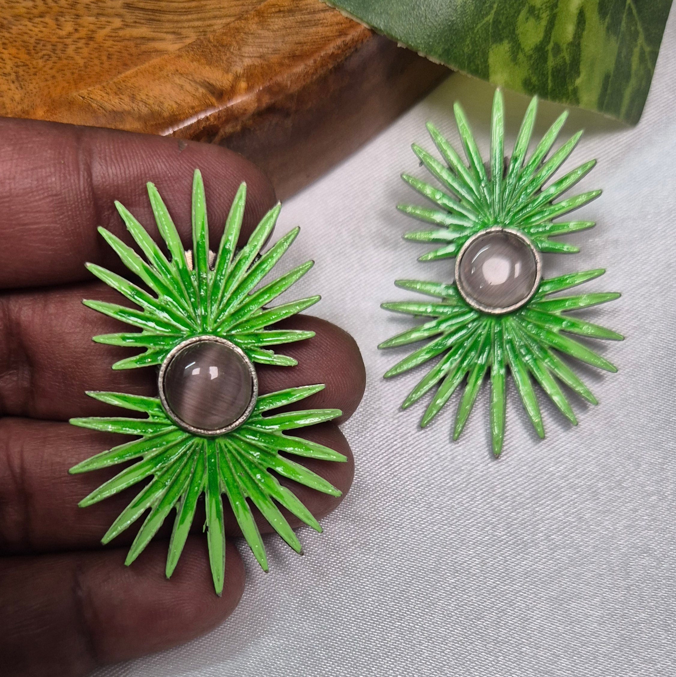 Green Sunburst Statement  Earrings with Grey Stone Center
