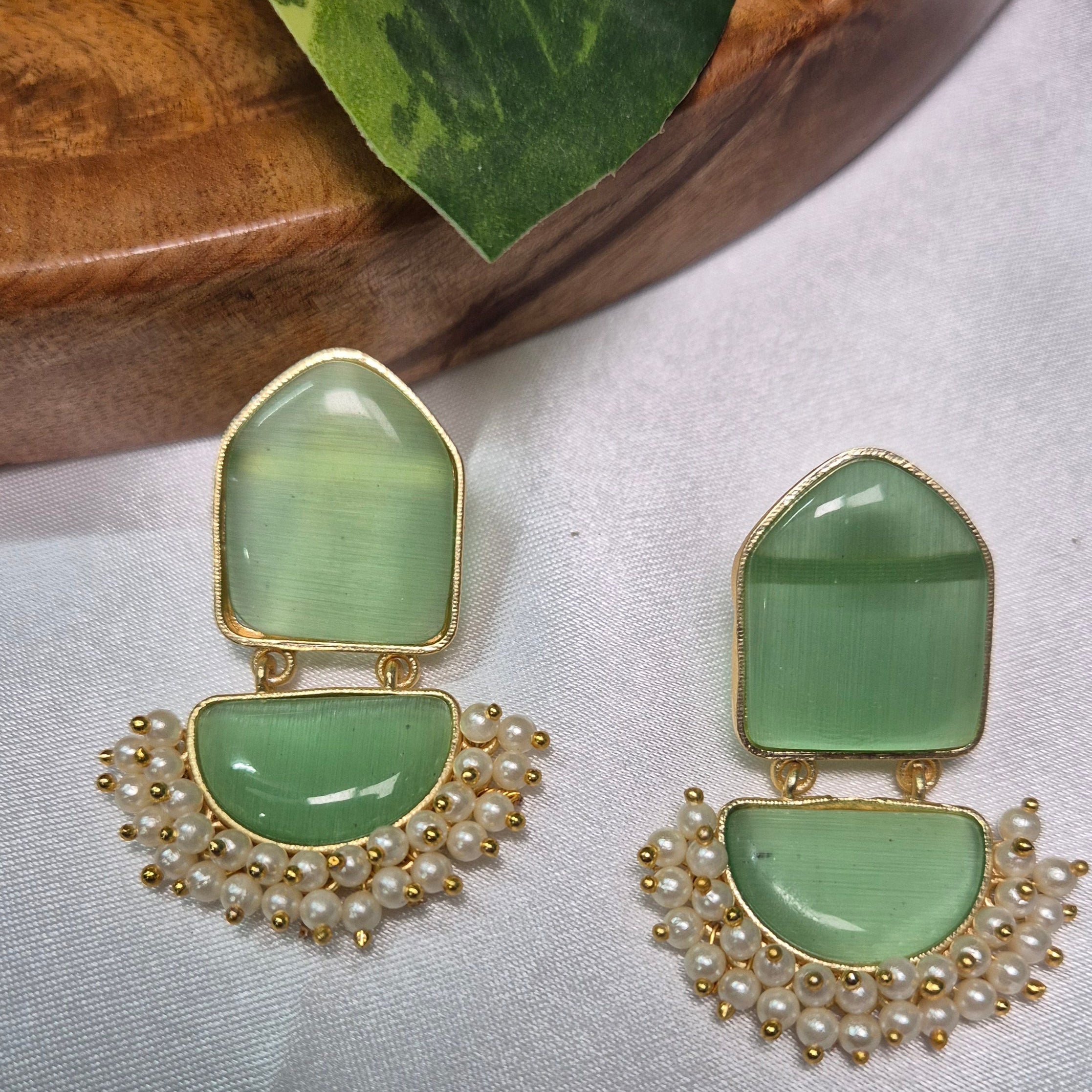 Mint Green Stone Pearl Fan Dangler Earrings