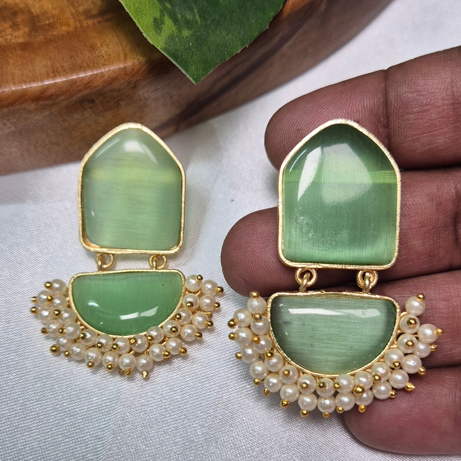 Mint Green Stone Pearl Fan Dangler Earrings