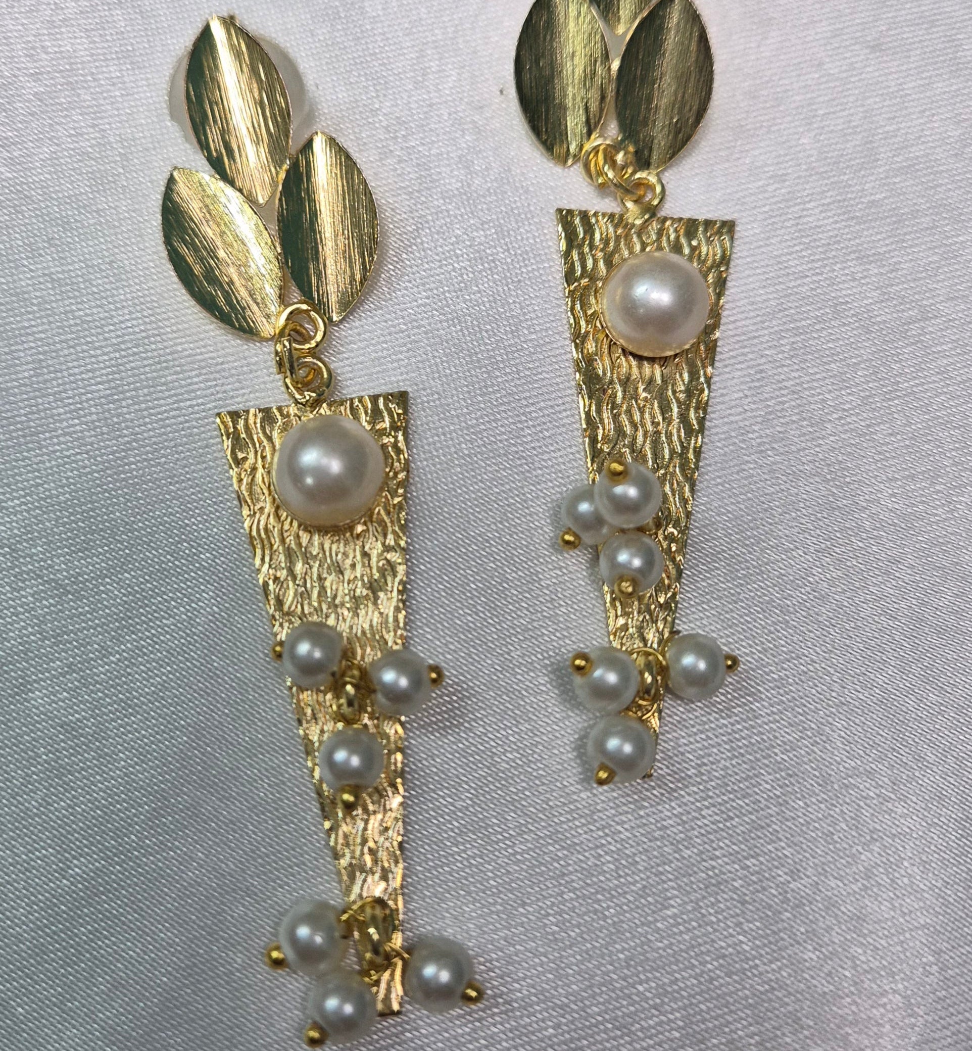 Anti Tarnish Traingle shaped golden dangler  with pearls