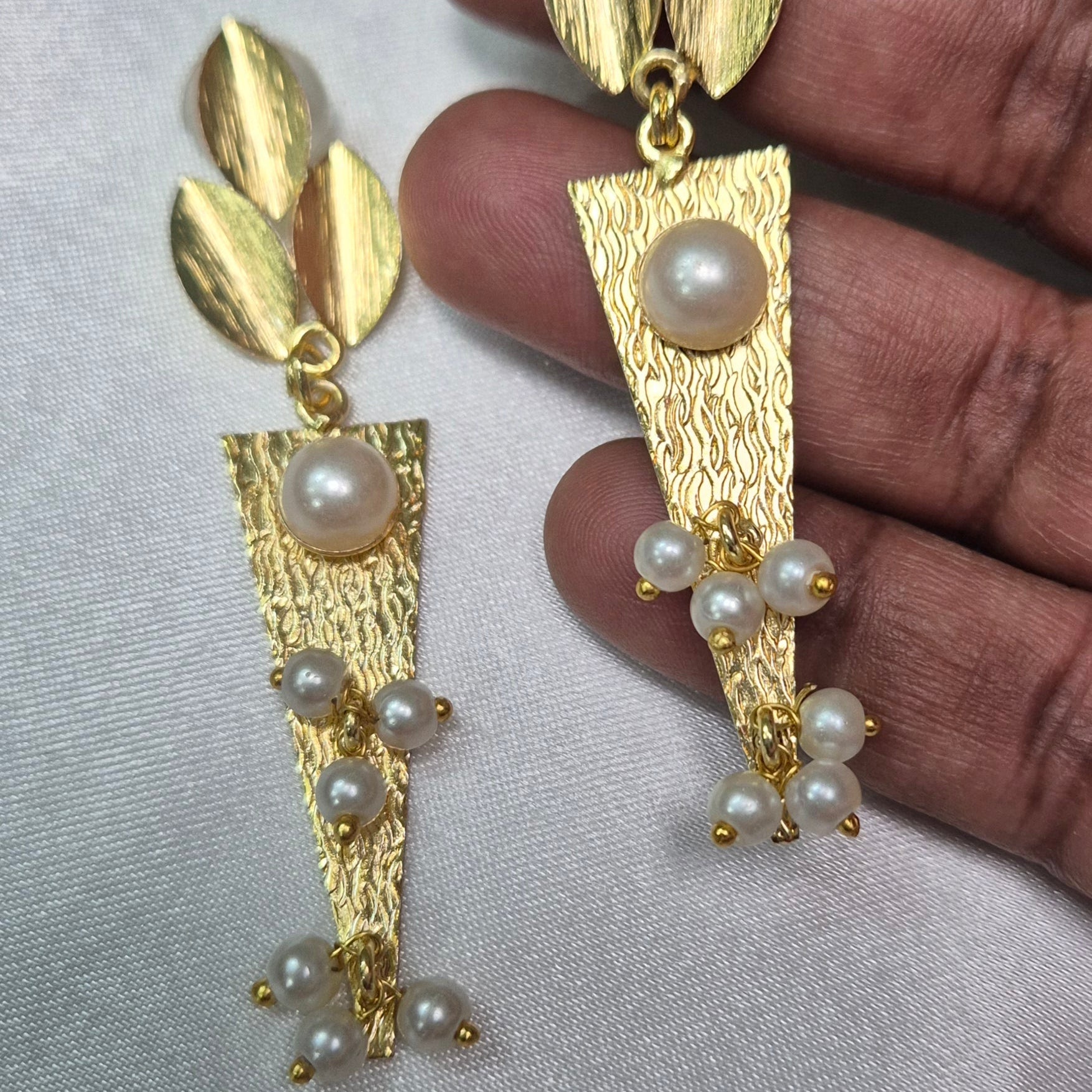 Anti Tarnish Traingle shaped golden dangler  with pearls