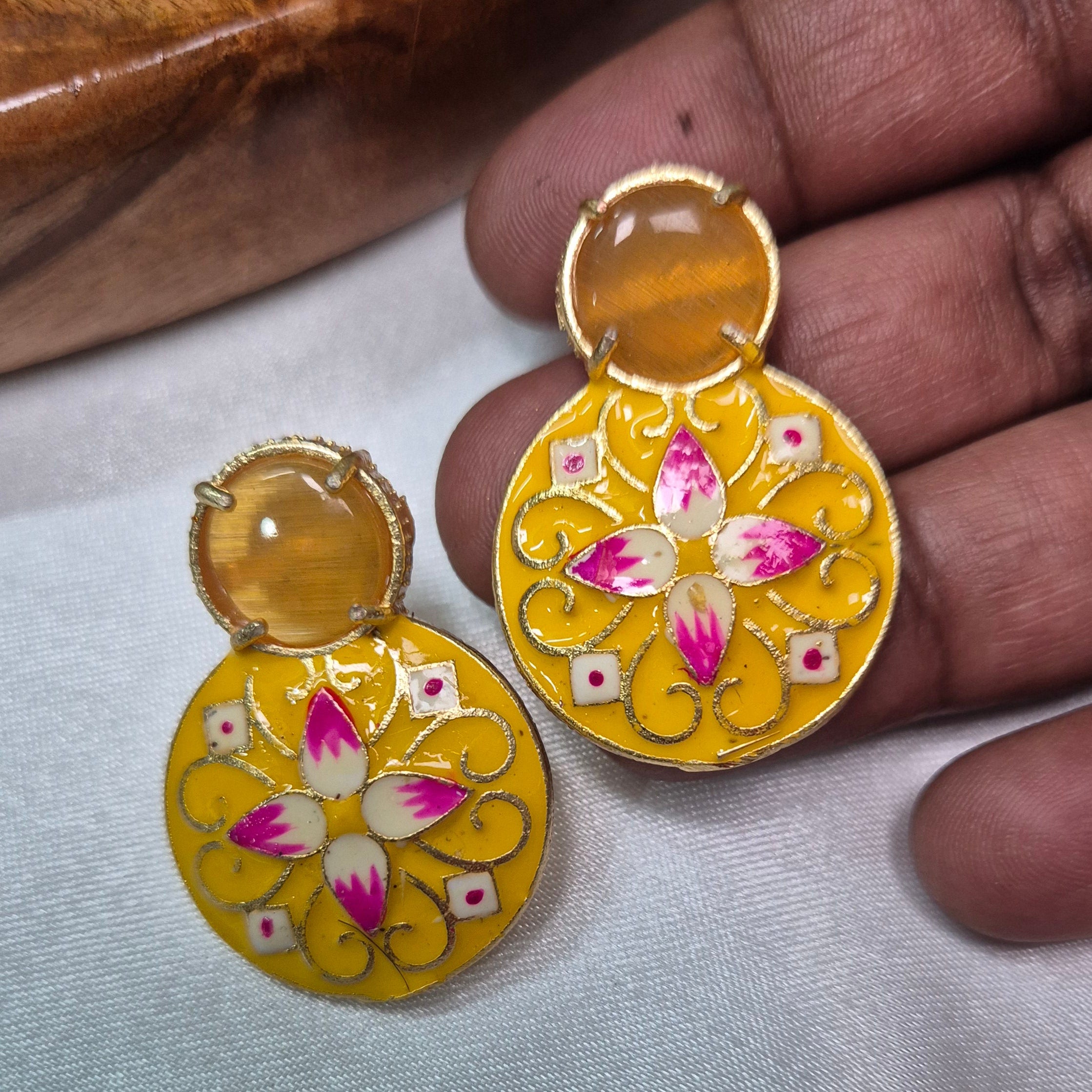 Yellow Enamel Floral Round  Earrings with Amber Stone Top