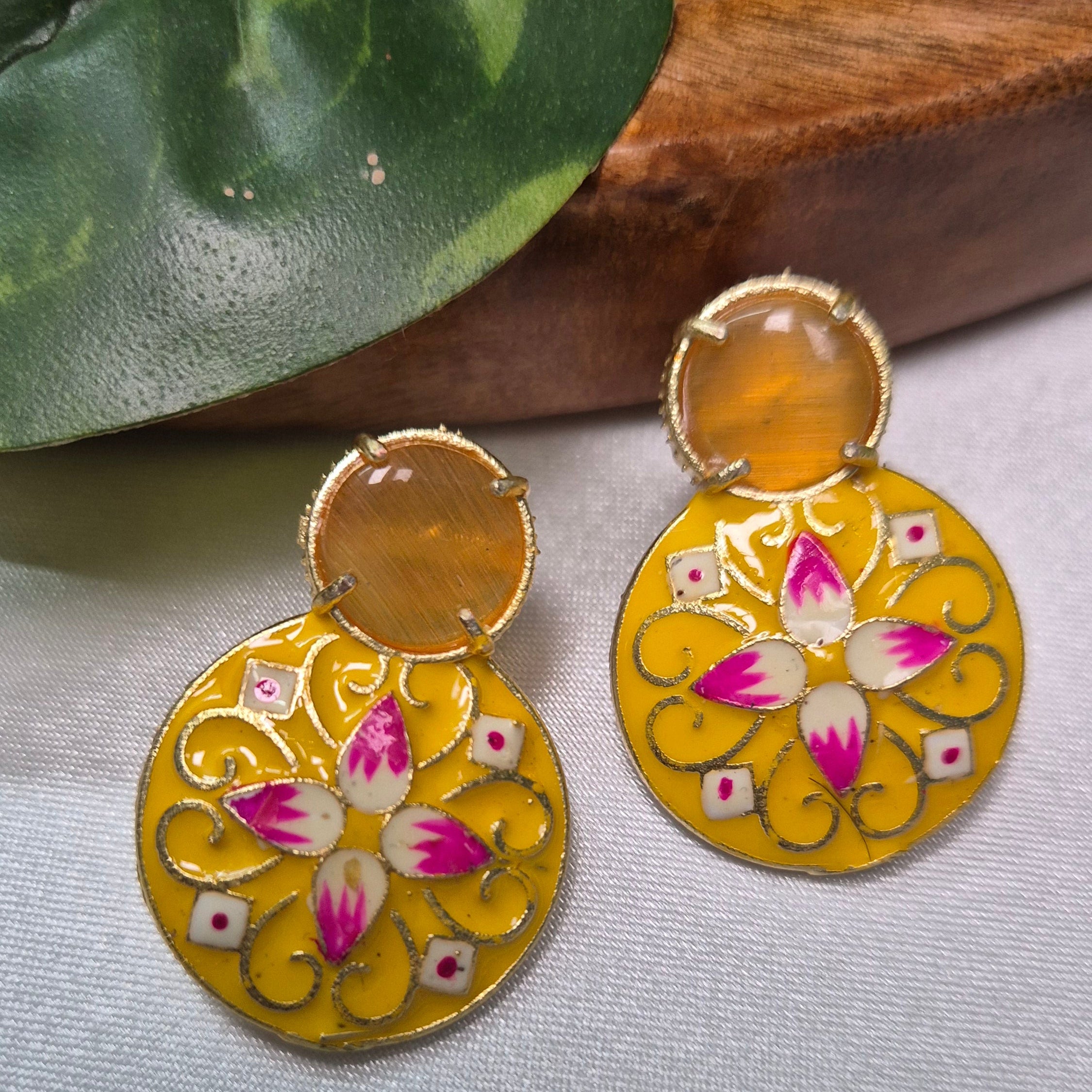 Yellow Enamel Floral Round  Earrings with Amber Stone Top