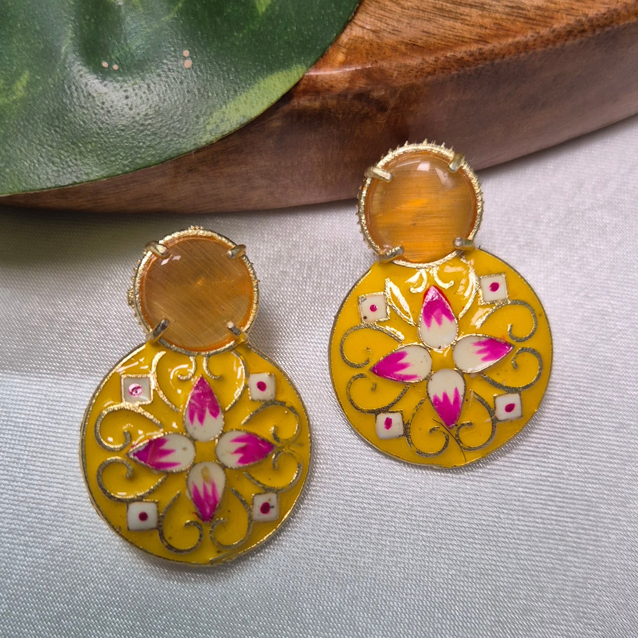 Yellow Enamel Floral Round  Earrings with Amber Stone Top