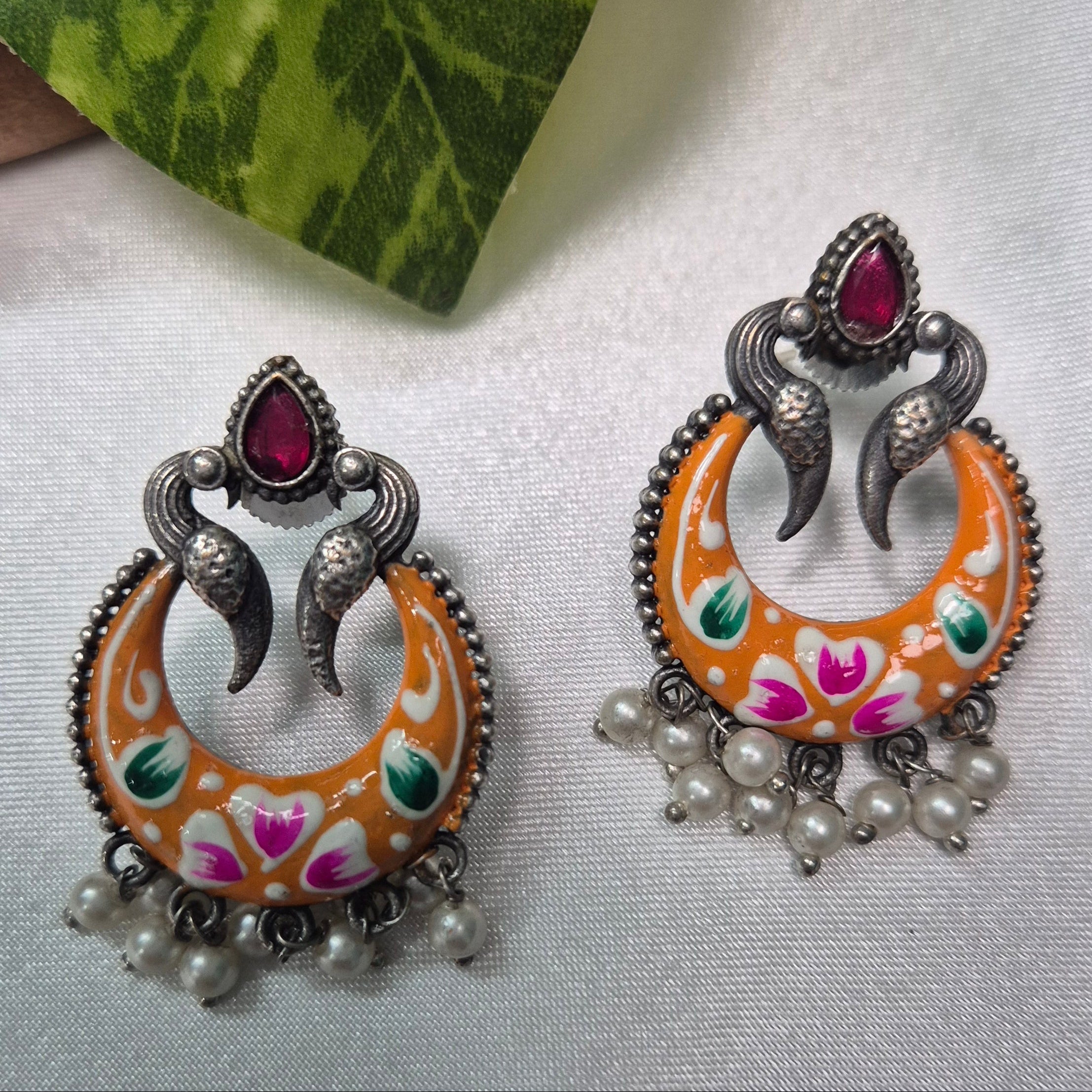 Handcrafted Oxidised Silver  Meenakari Chandbali Earrings  with Pearls & Red Stone