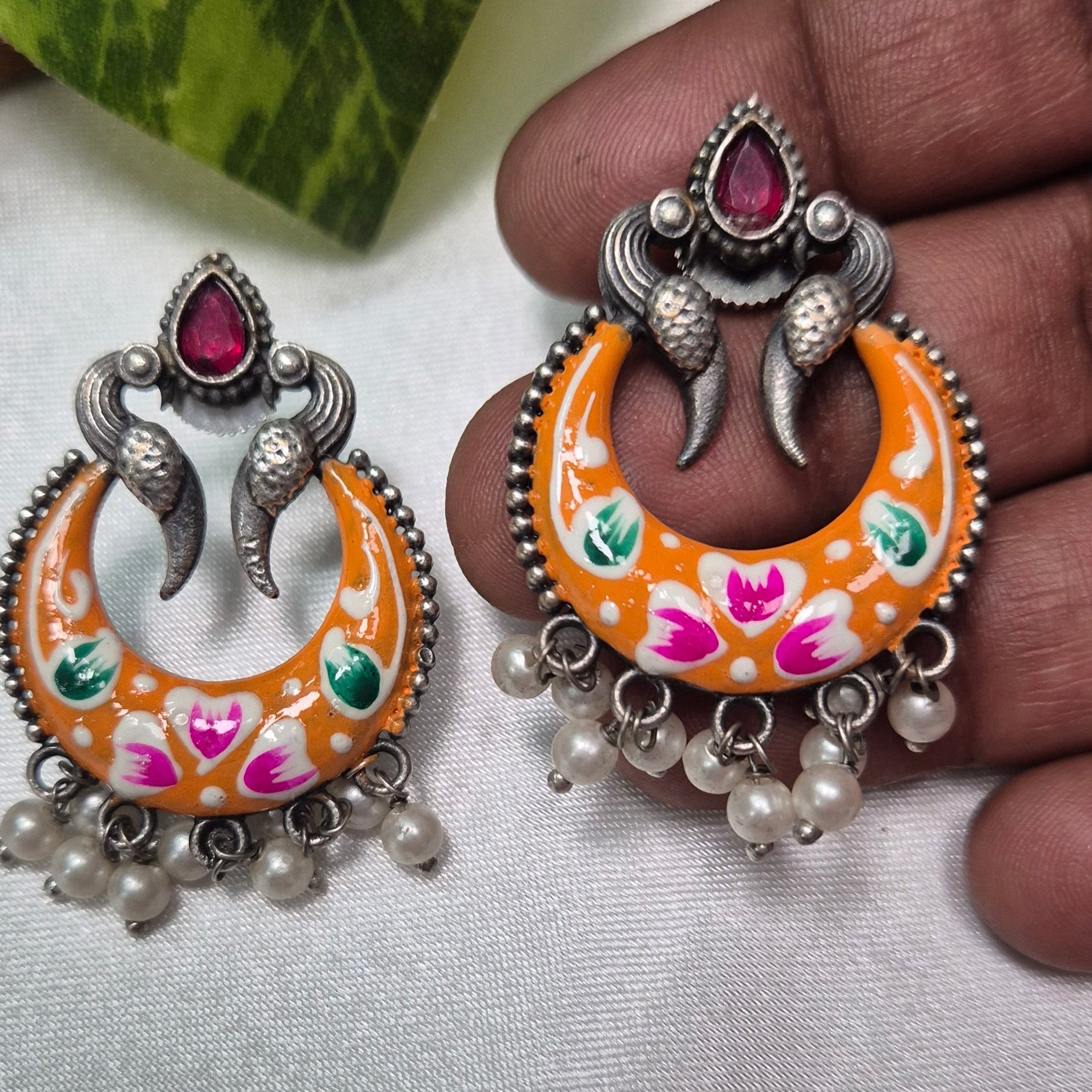 Handcrafted Oxidised Silver  Meenakari Chandbali Earrings  with Pearls & Red Stone