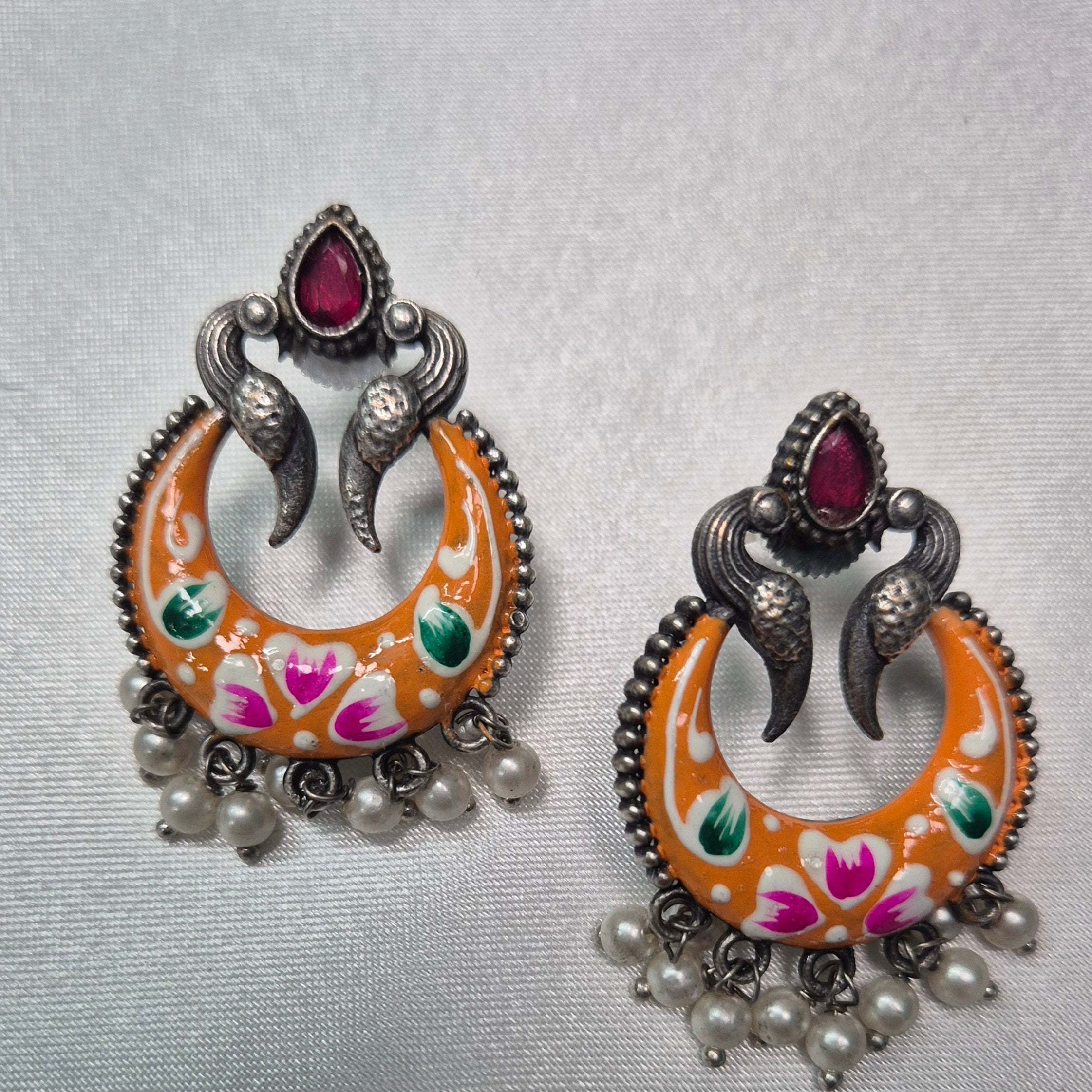 Handcrafted Oxidised Silver  Meenakari Chandbali Earrings  with Pearls & Red Stone