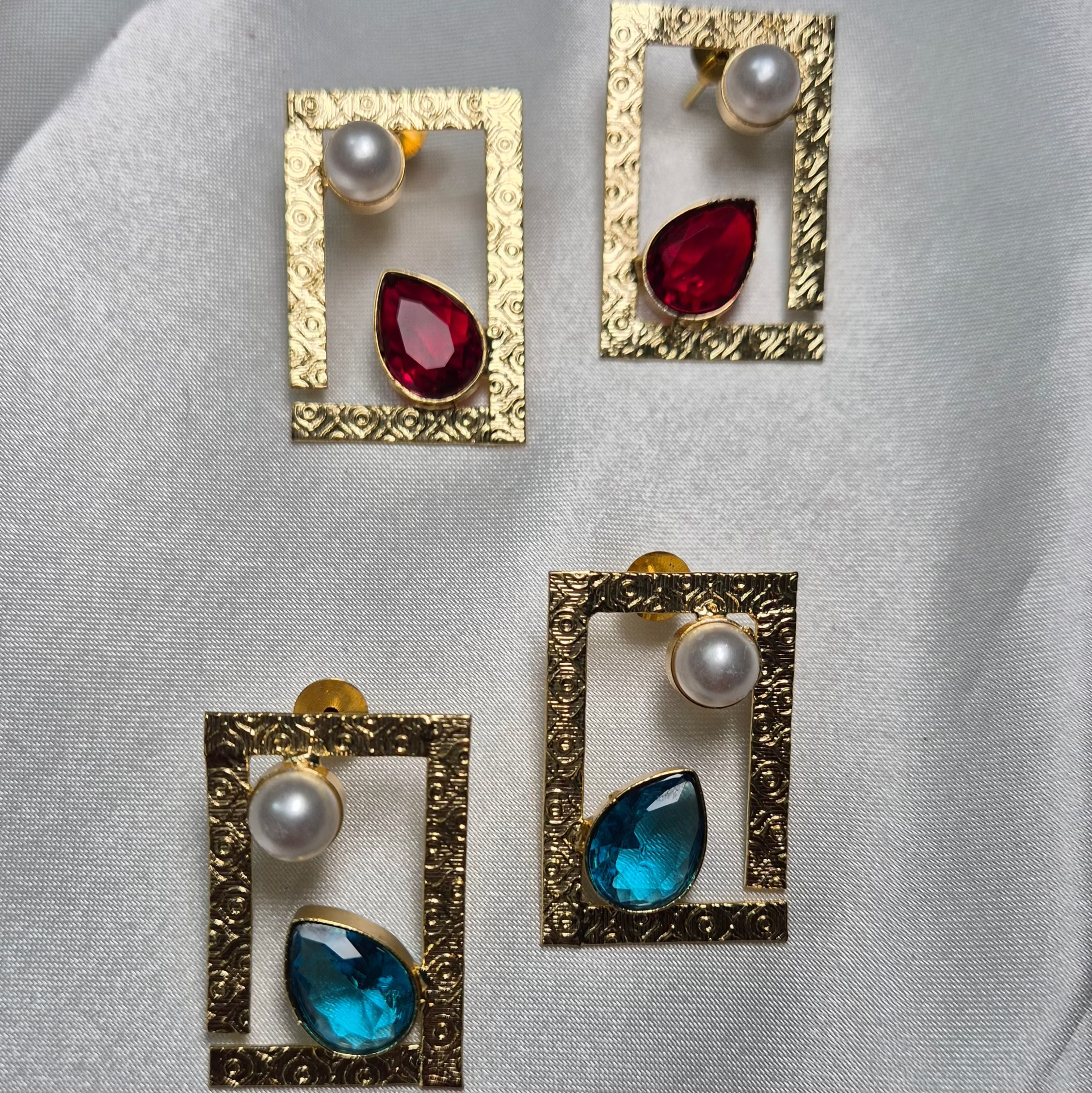 "Gold Textured Frame Earrings with  Blue Teardrop Stone/Red stone  &  Pearl Accent"