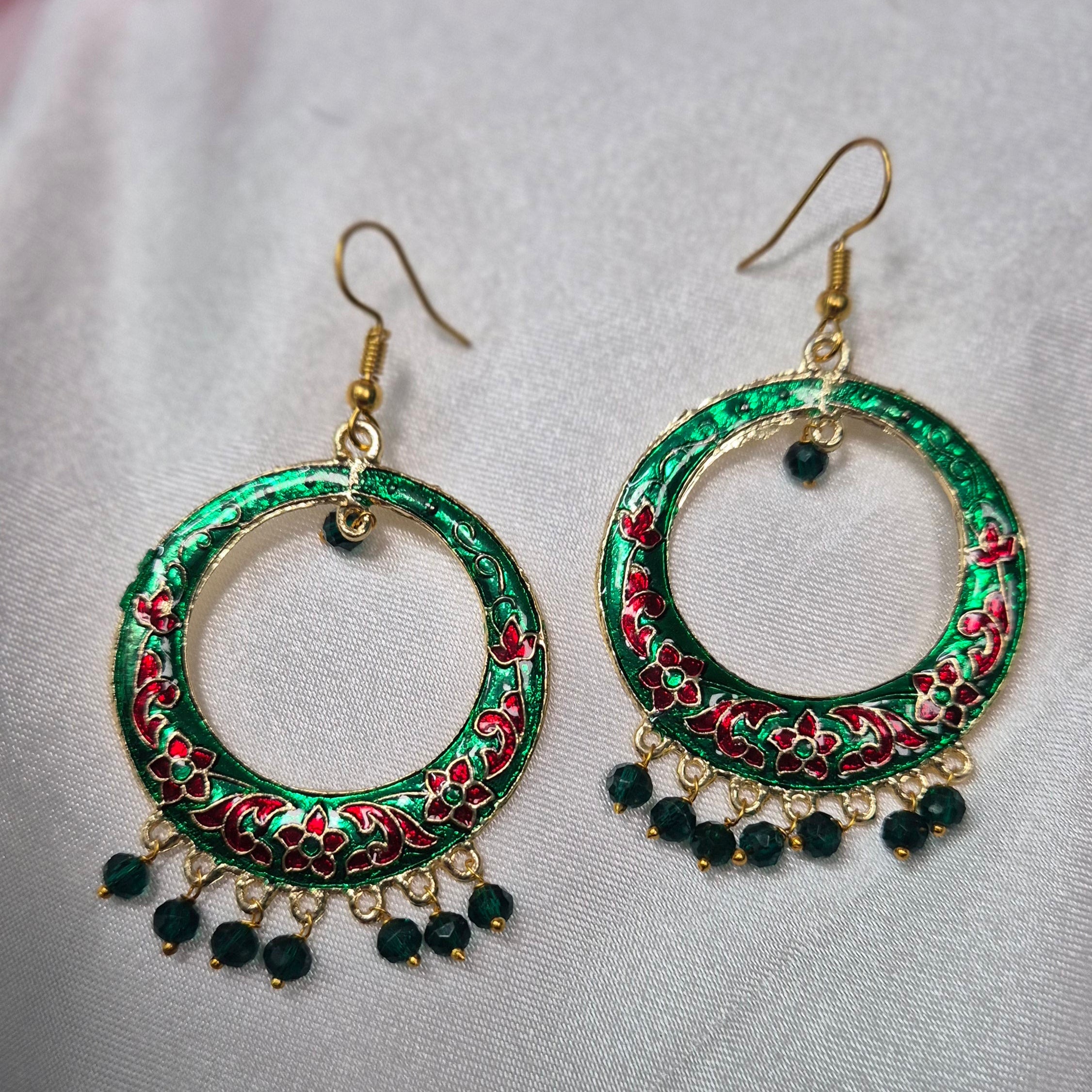 Hook  drop Peacock Meenakari  Earrings with Green Beads