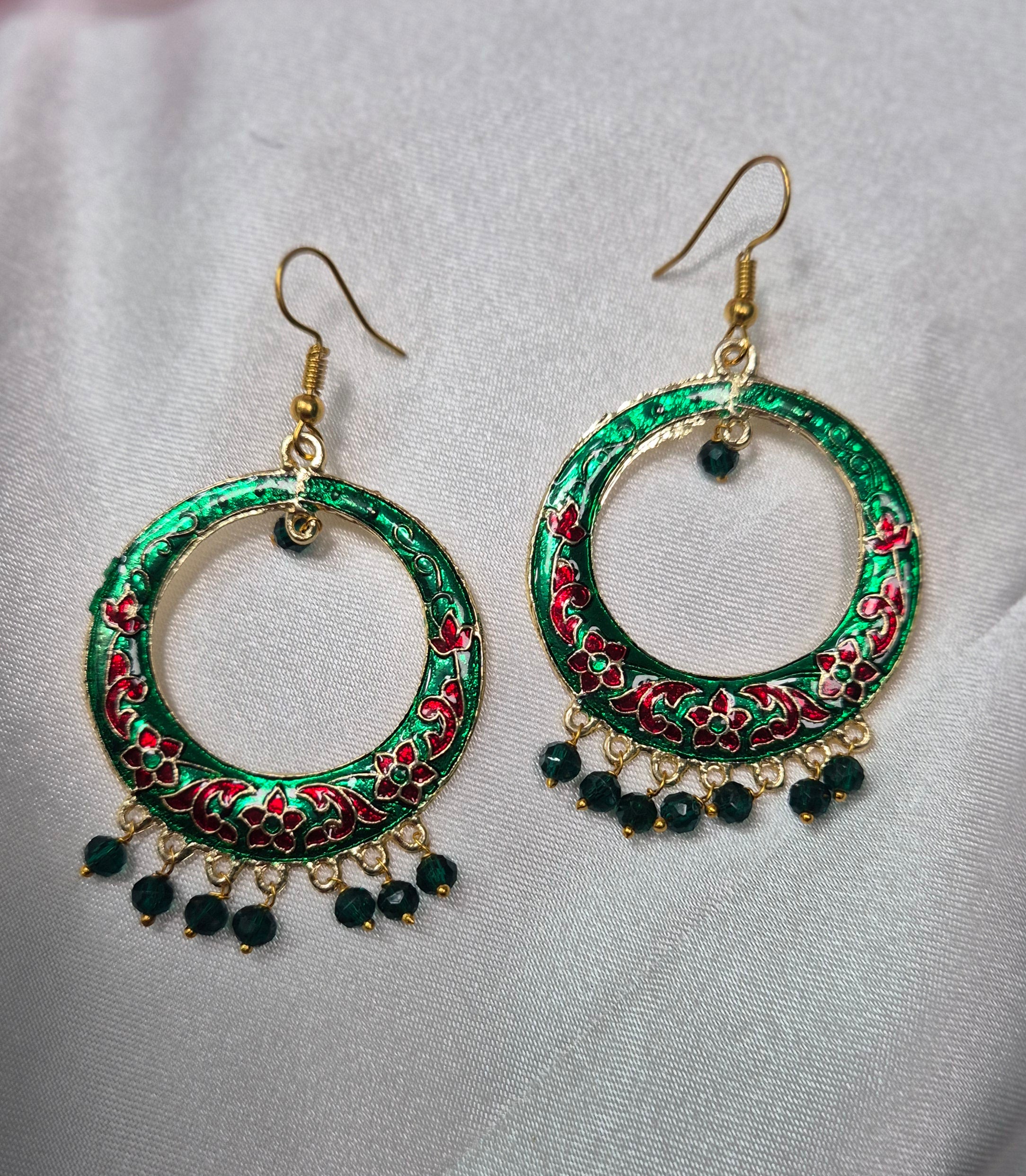 Hook  drop Peacock Meenakari  Earrings with Green Beads