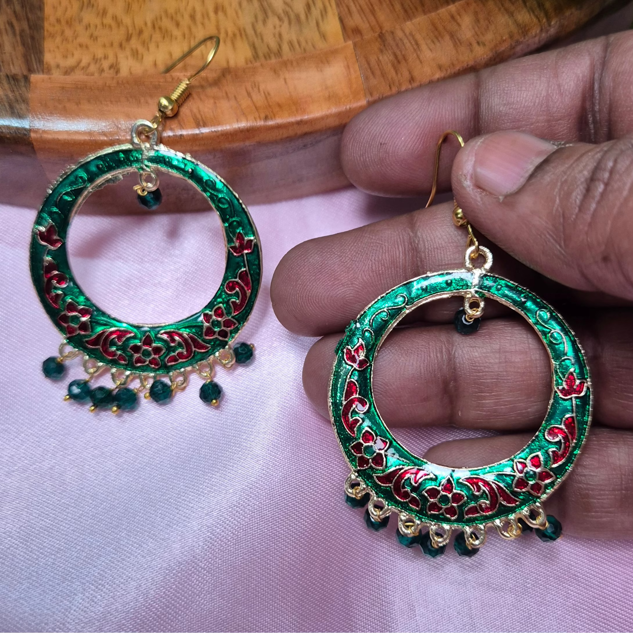 Hook  drop Peacock Meenakari  Earrings with Green Beads