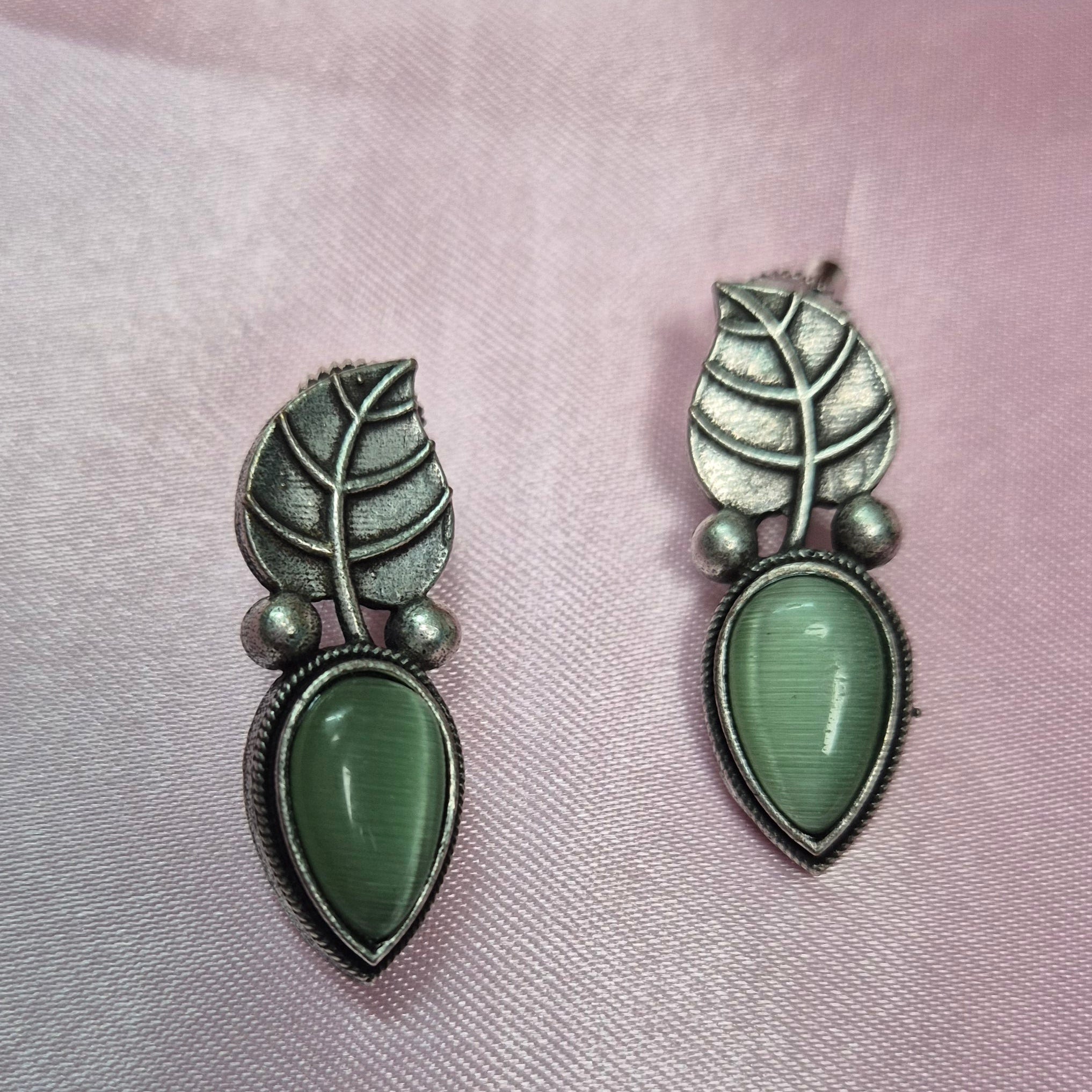 Elegant Oxidised Leaf Earrings with Green/Red  Stone – Minimal, Classy & Everyday Perfect