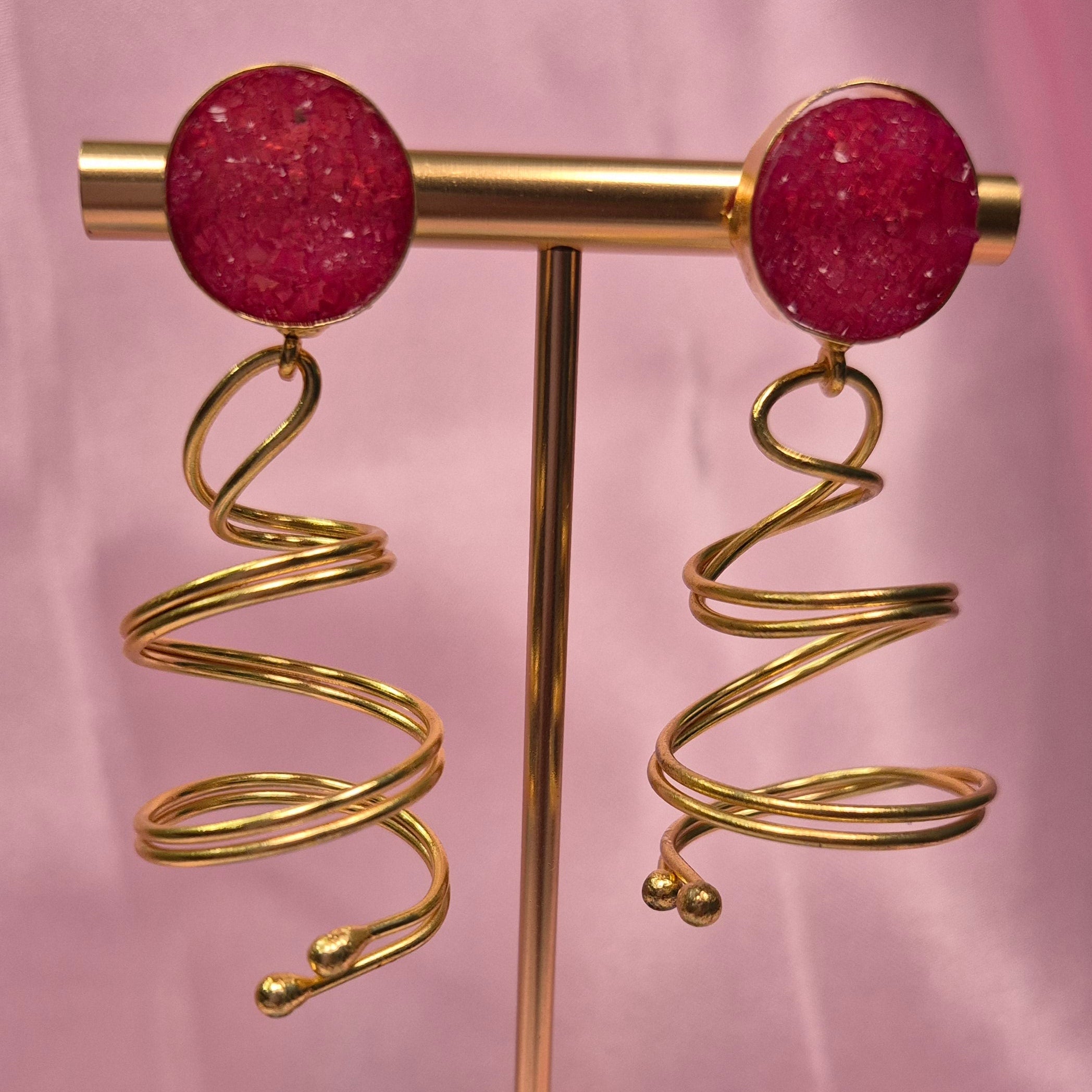 Gold Spiral Statement Earrings  with Fuchsia Stone Studs