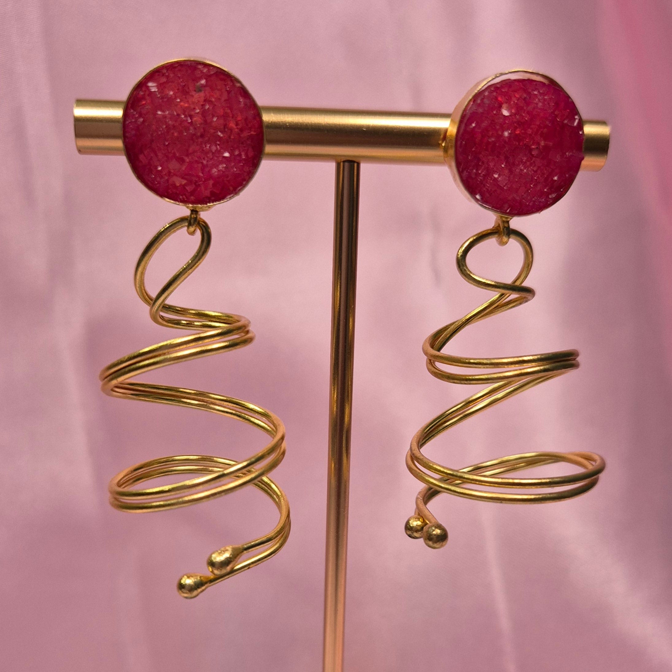 Gold Spiral Statement Earrings  with Fuchsia Stone Studs
