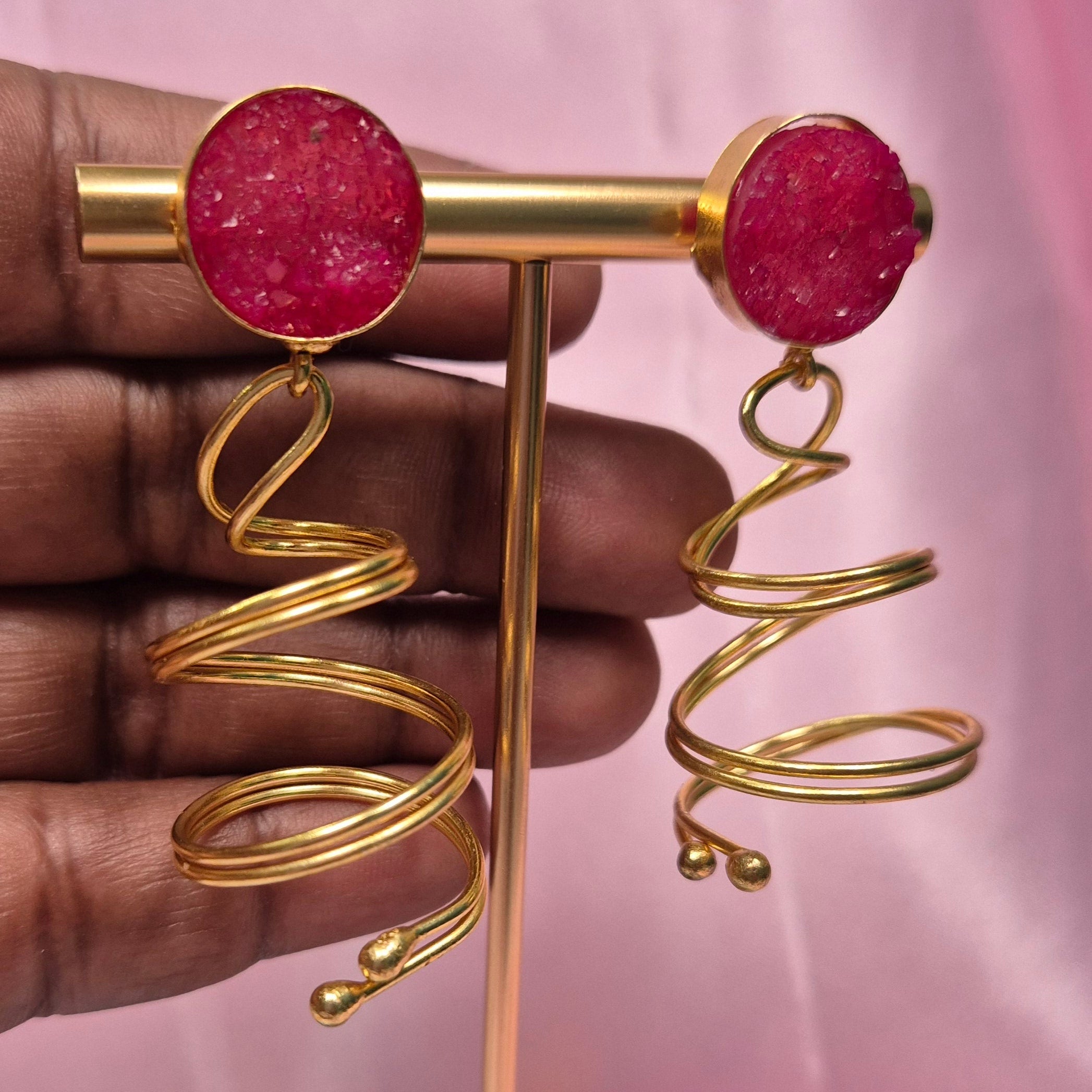 Gold Spiral Statement Earrings  with Fuchsia Stone Studs