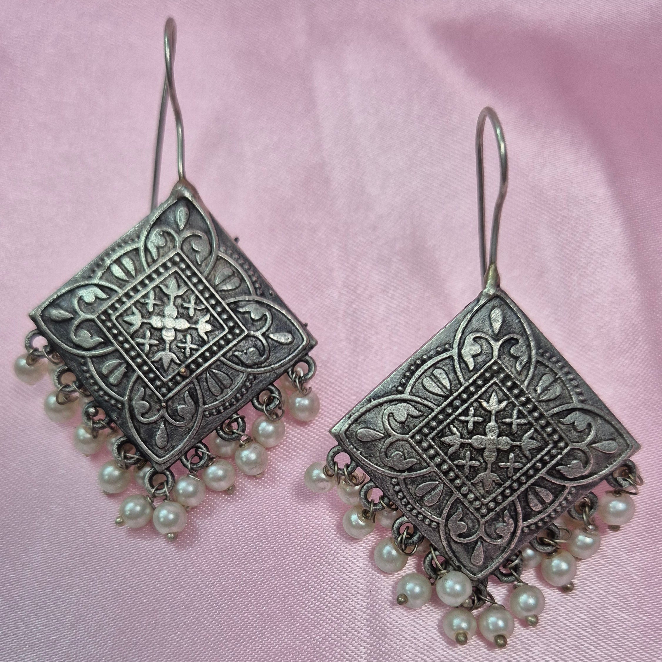 Oxidised Square Jhumka Earrings with Pearls – Elegant, Ethnic & Timeless