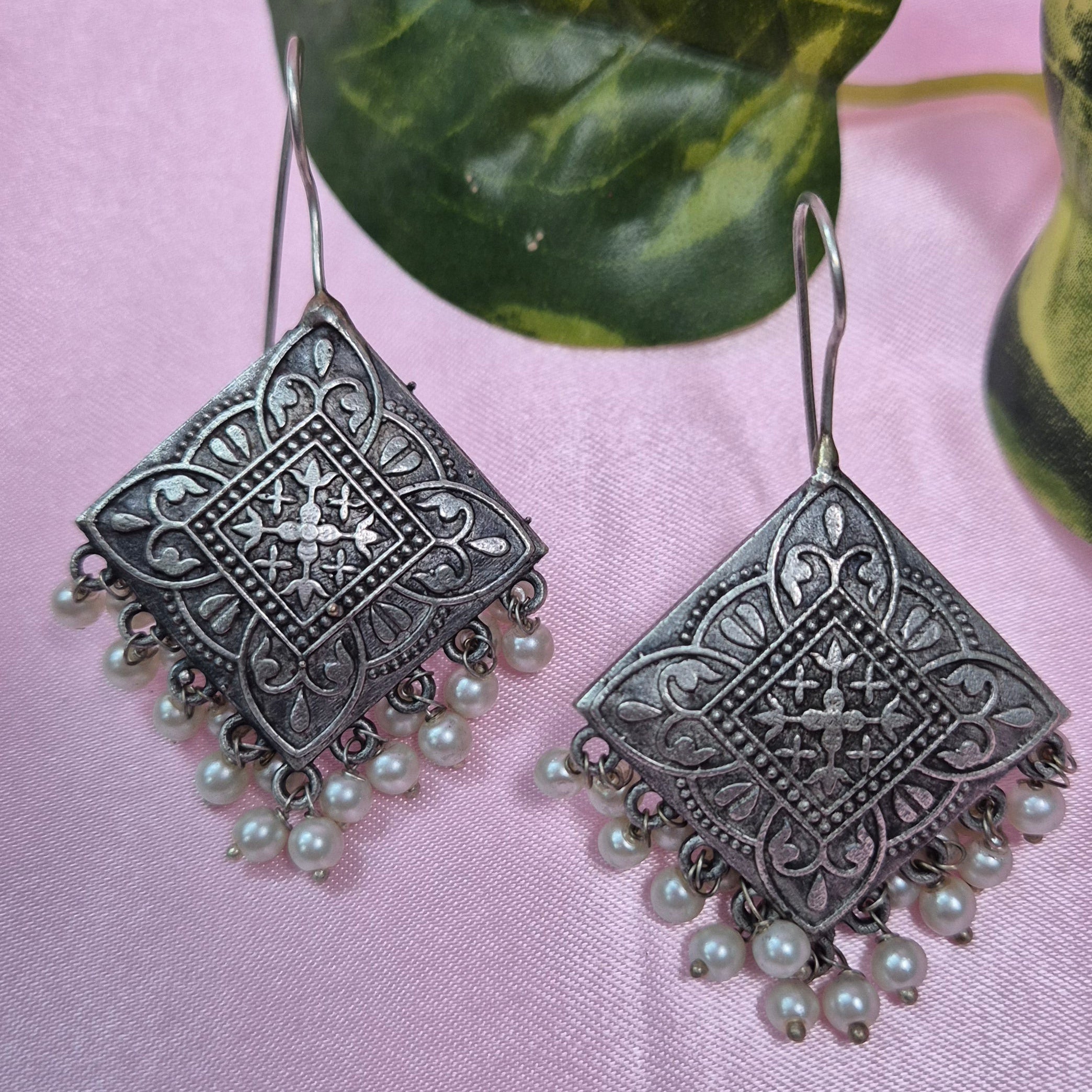 Oxidised Square Jhumka Earrings with Pearls – Elegant, Ethnic & Timeless