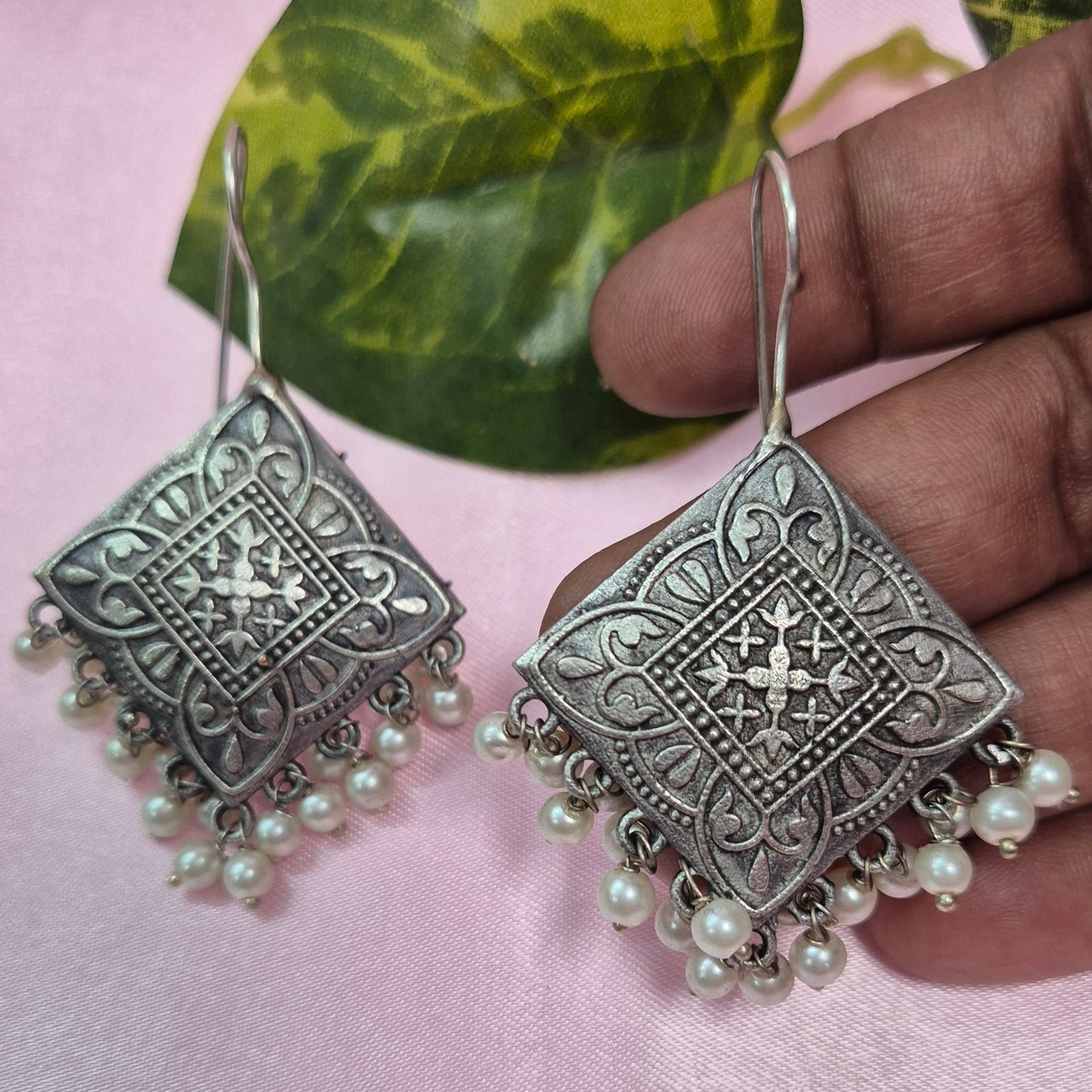 Oxidised Square Jhumka Earrings with Pearls – Elegant, Ethnic & Timeless