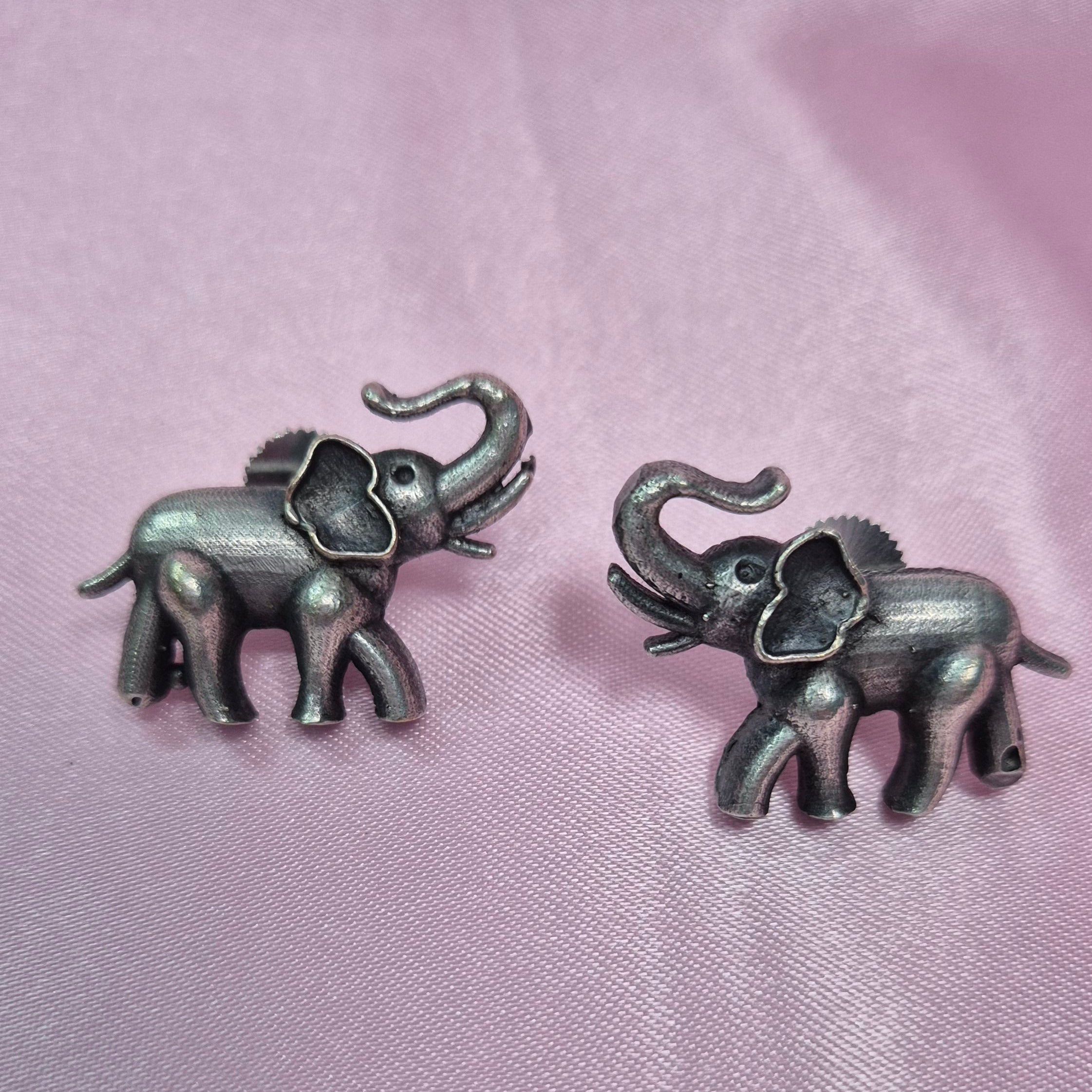 Oxidised Elephant with raised trunk Stud Earrings – Cute, Quirky & Handcrafted