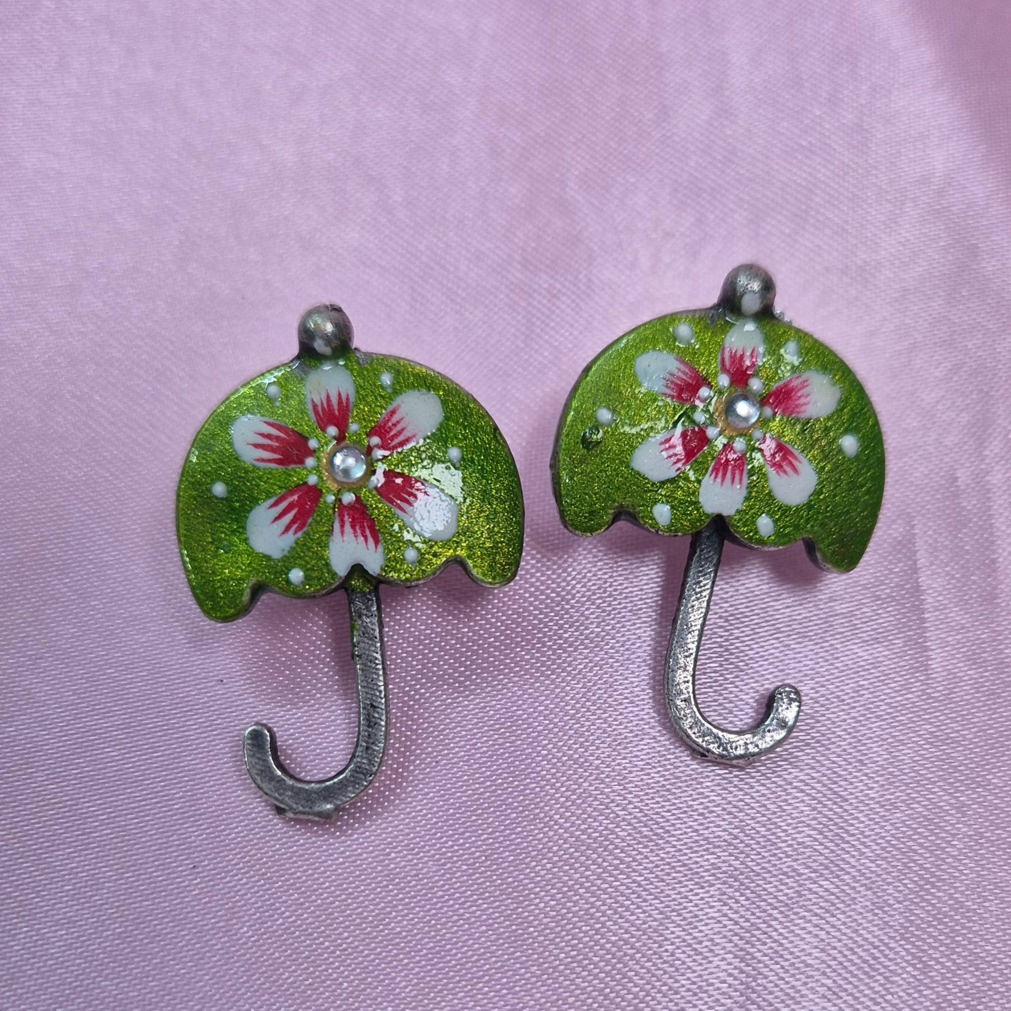 Handcrafted Meenakari Green  Umbrella Earrings with  Floral Design