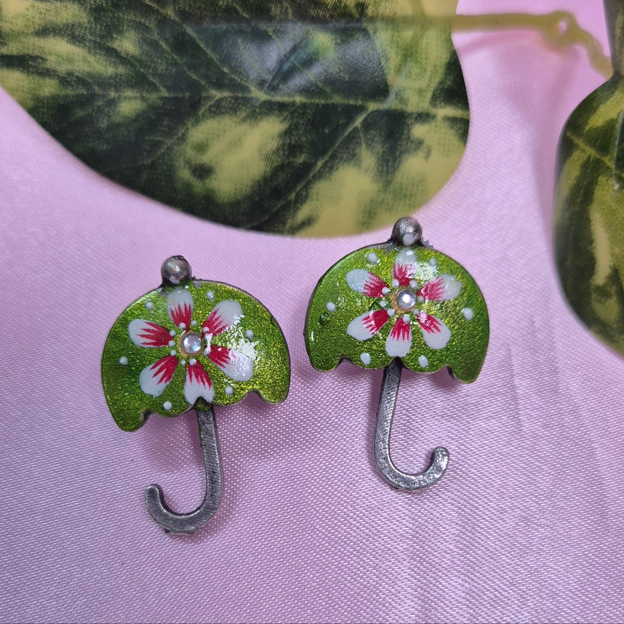 Handcrafted Meenakari Green  Umbrella Earrings with  Floral Design