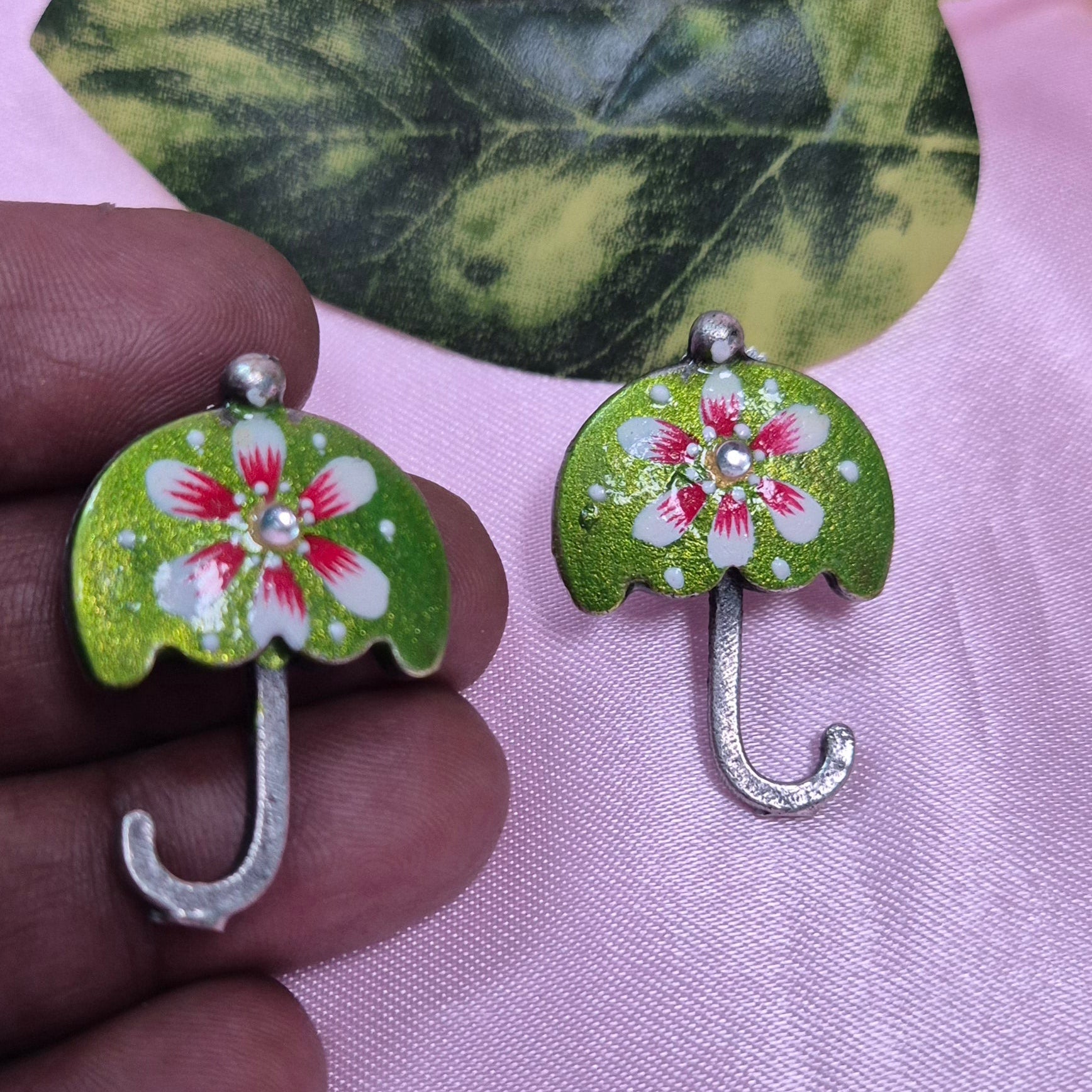 Handcrafted Meenakari Green  Umbrella Earrings with  Floral Design