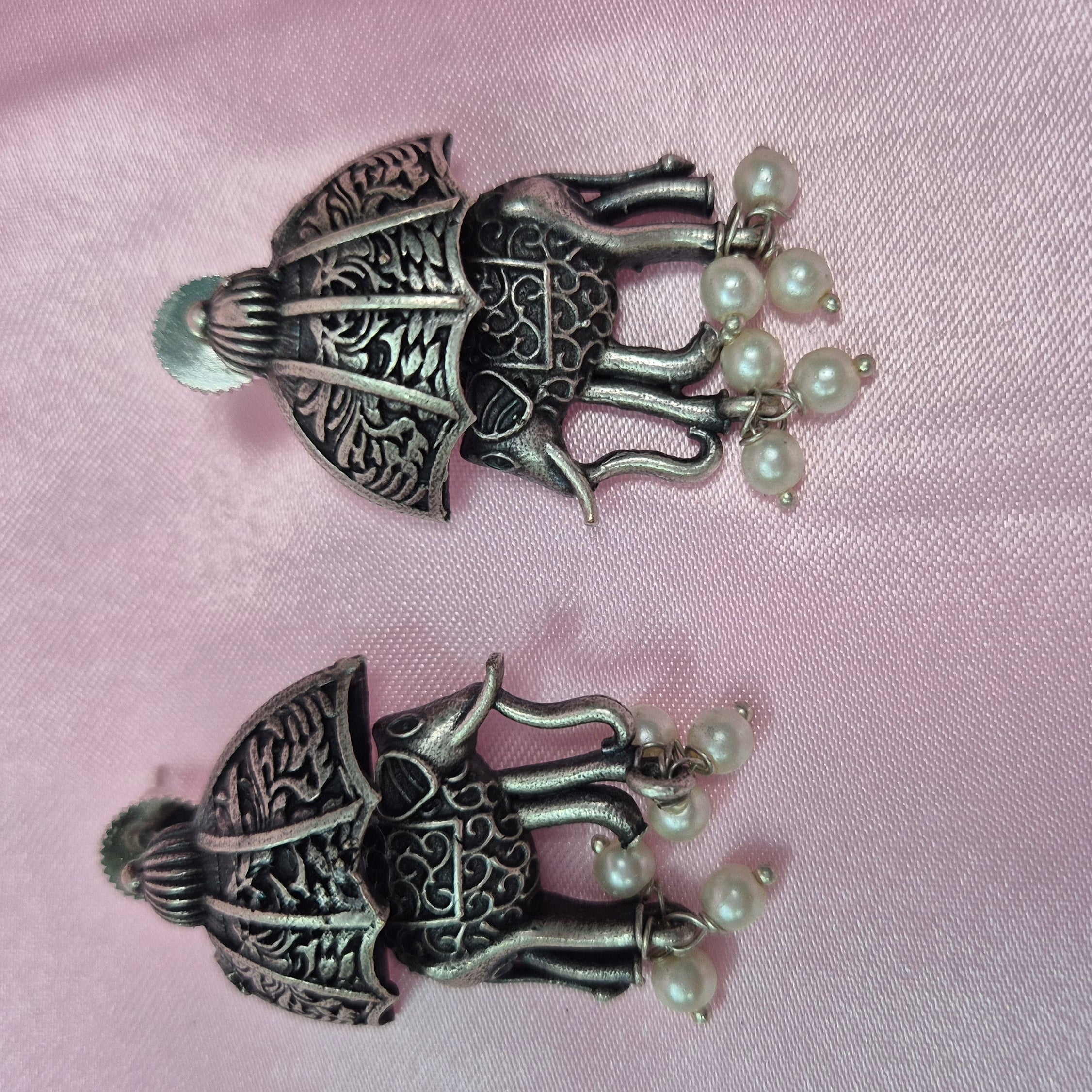 Oxidised Silver Elephant Earrings  with Umbrella Design and Pearl  Drops