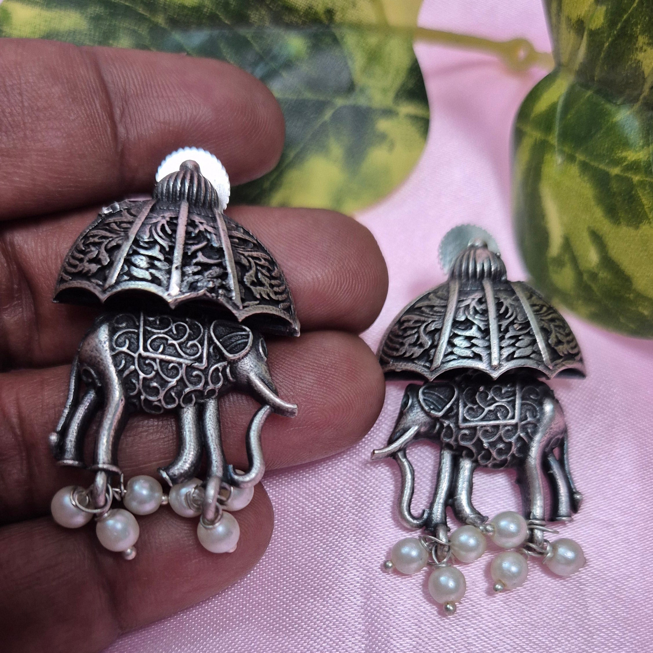Oxidised Silver Elephant Earrings  with Umbrella Design and Pearl  Drops