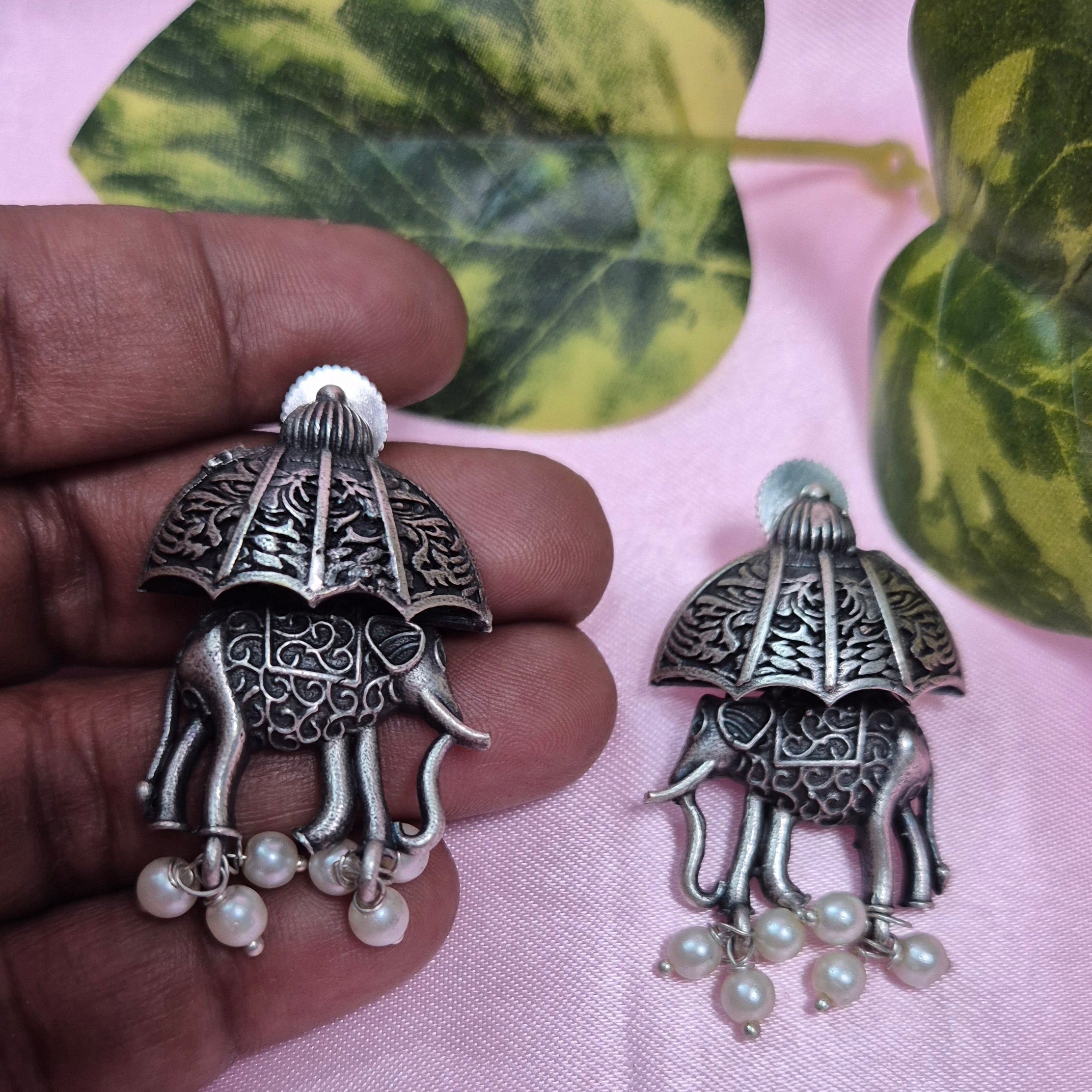 Oxidised Silver Elephant Earrings  with Umbrella Design and Pearl  Drops