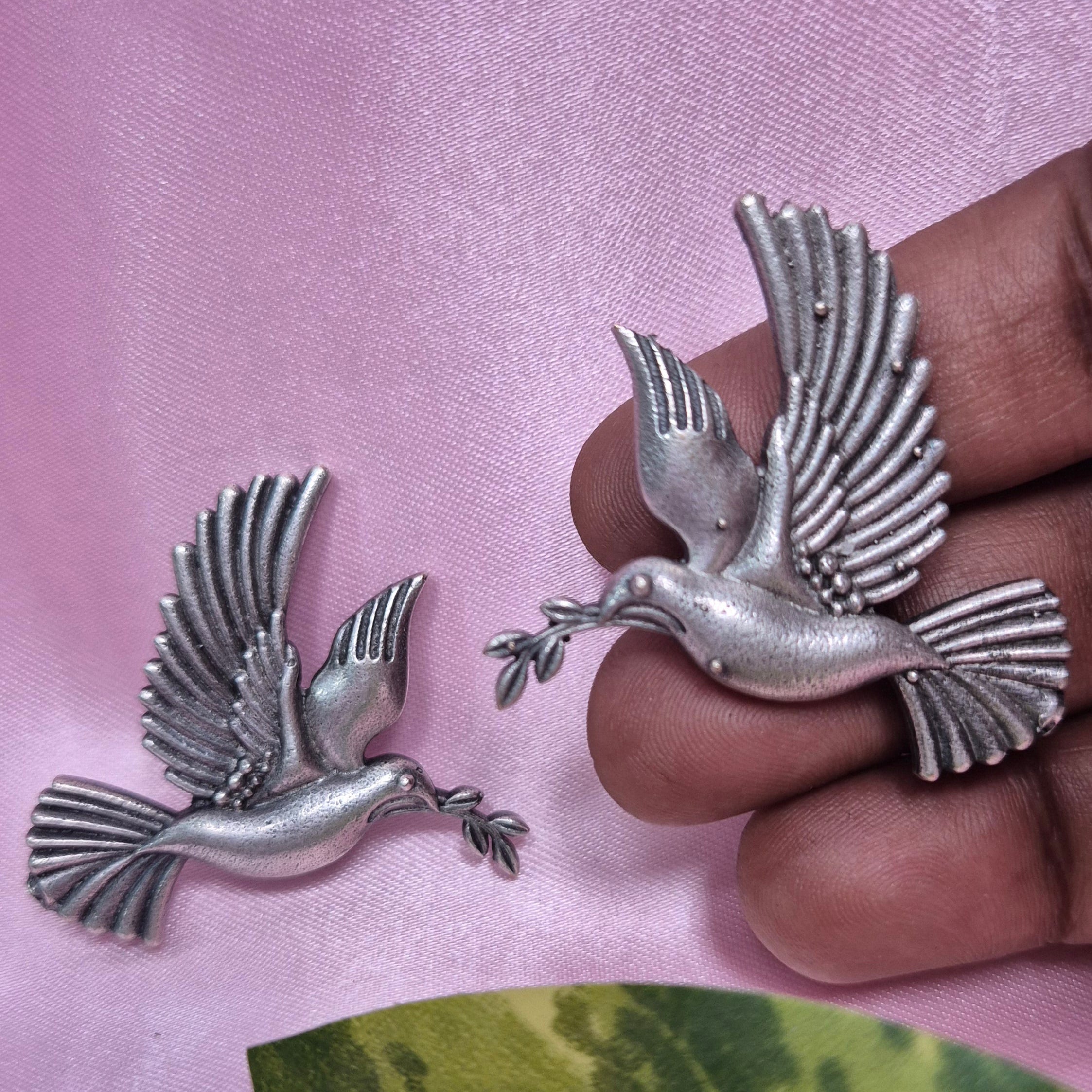 Oxidized Silver Dove Earrings –  Handcrafted Peace Bird Design  Studs