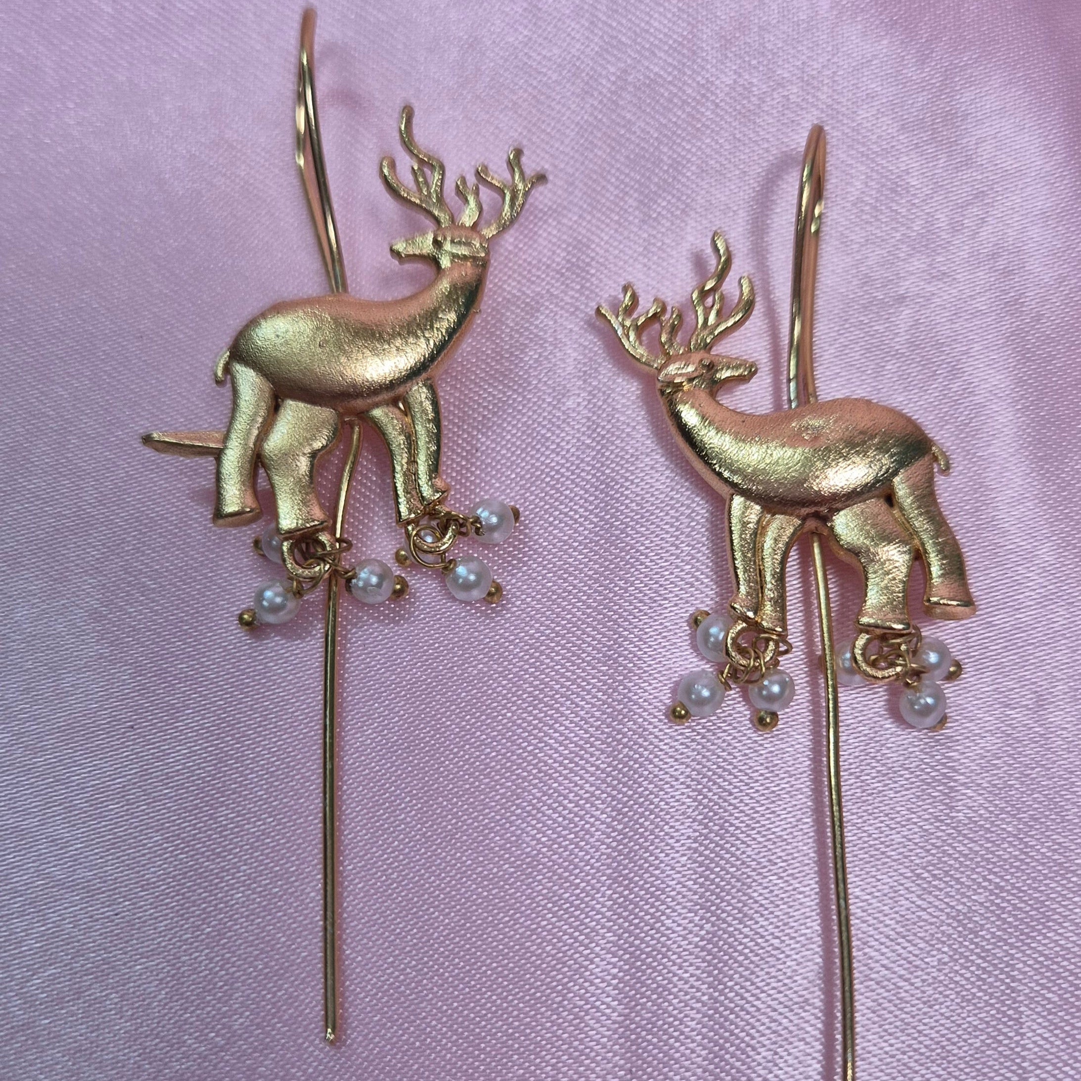 Golden Deer Pearl Drop Ear pin – Whimsical Nature-Inspired Jewellery