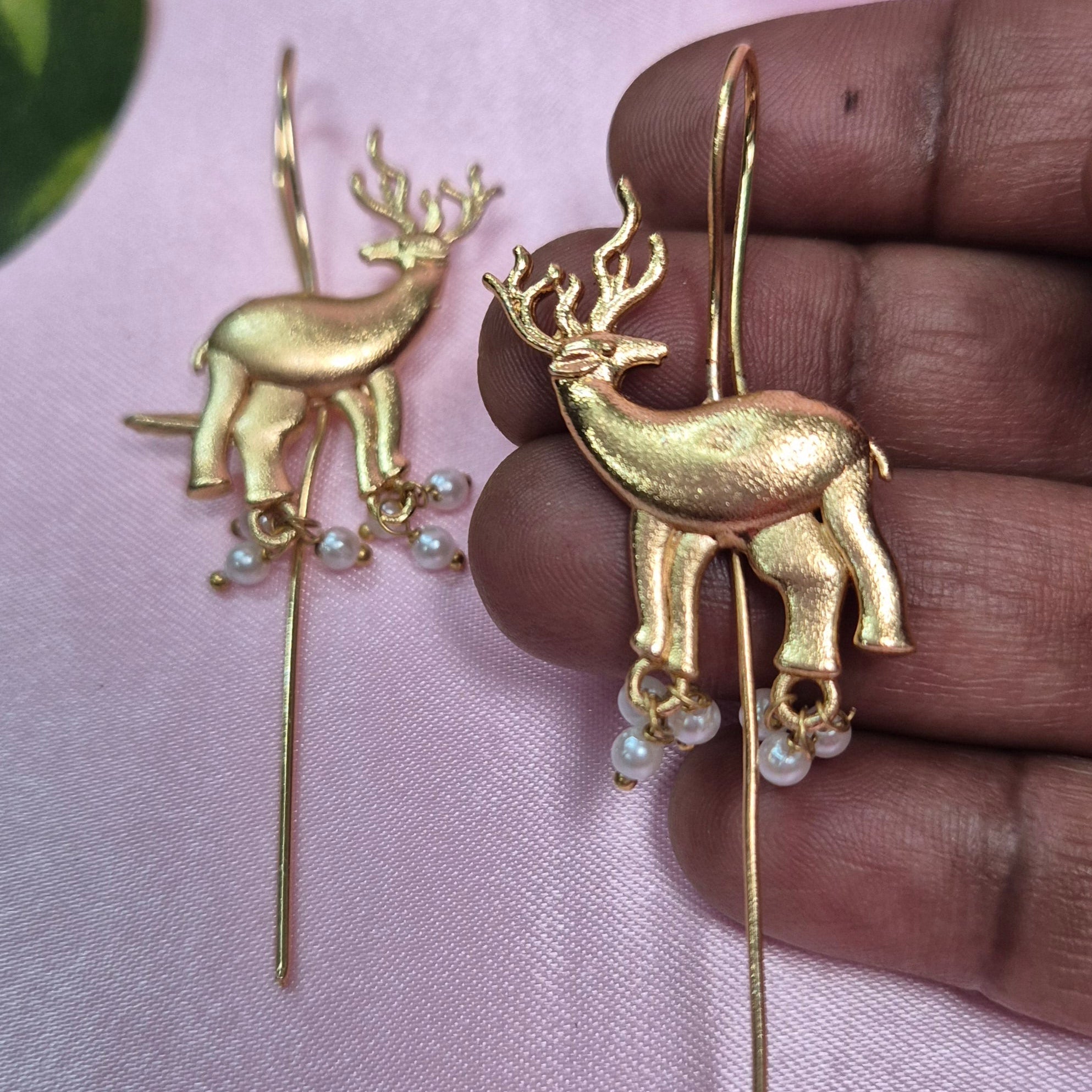 Golden Deer Pearl Drop Ear pin – Whimsical Nature-Inspired Jewellery