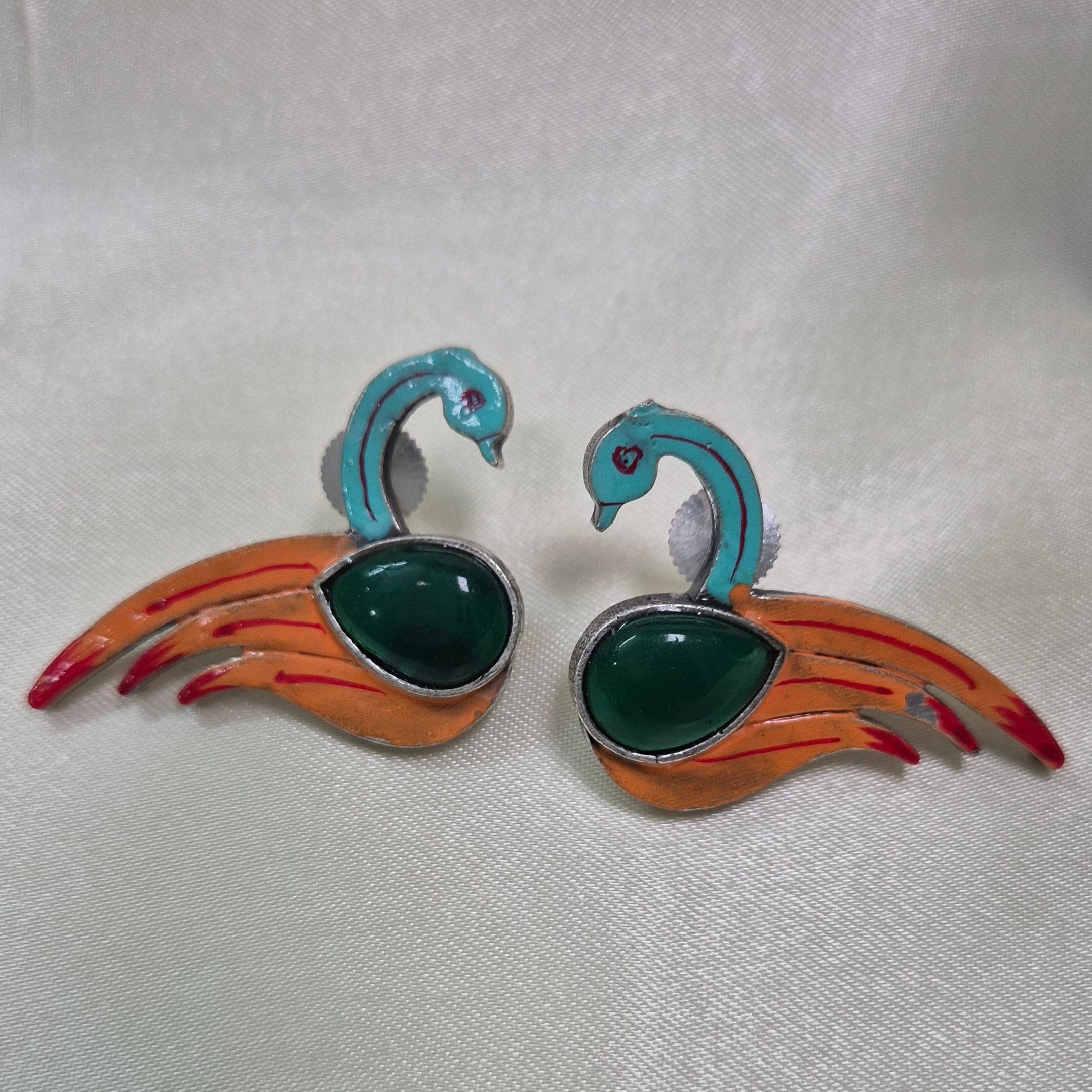 Handcrafted Swan Design Enamel  Earrings with Green Stone Center