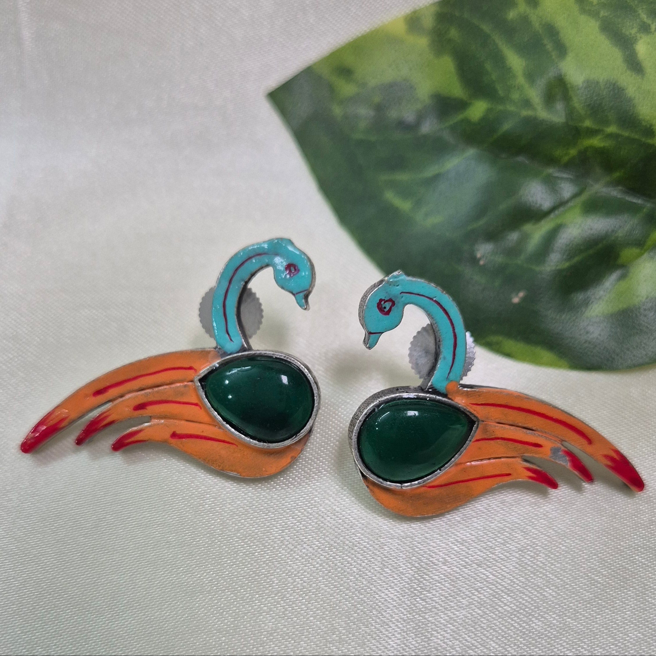 Handcrafted Swan Design Enamel  Earrings with Green Stone Center