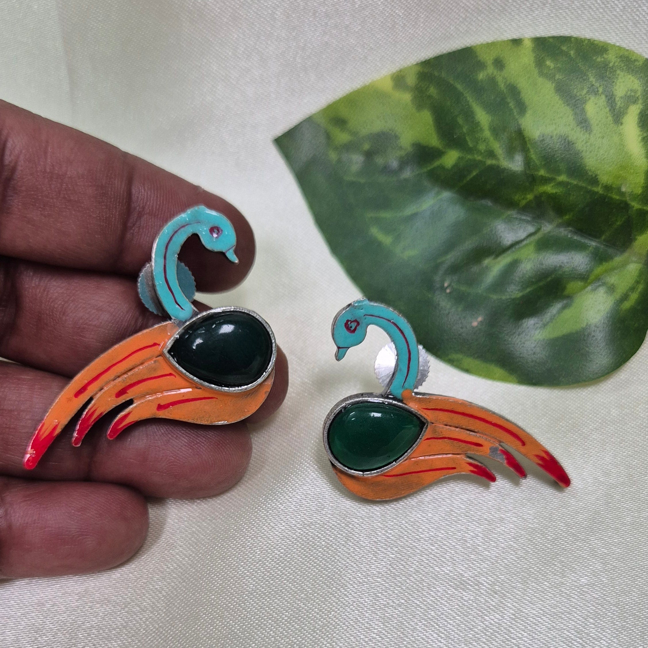Handcrafted Swan Design Enamel  Earrings with Green Stone Center