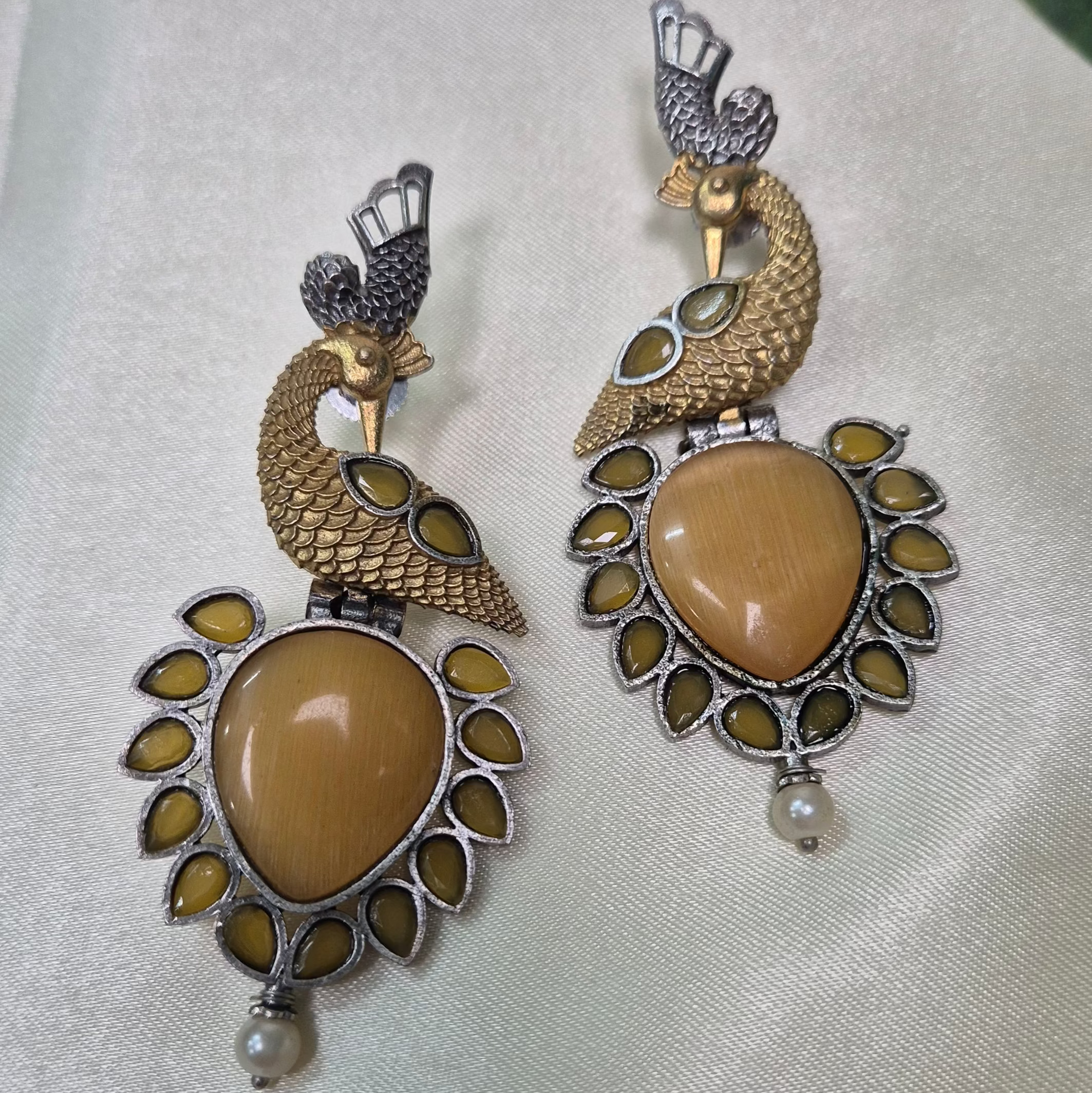Antique Peacock Ruby Drop Earrings with Pearl Accent