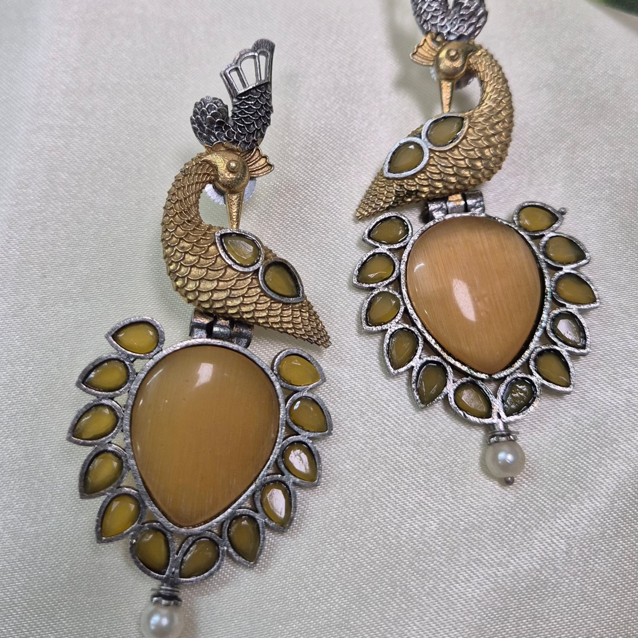 Antique Peacock Ruby Drop Earrings with Pearl Accent