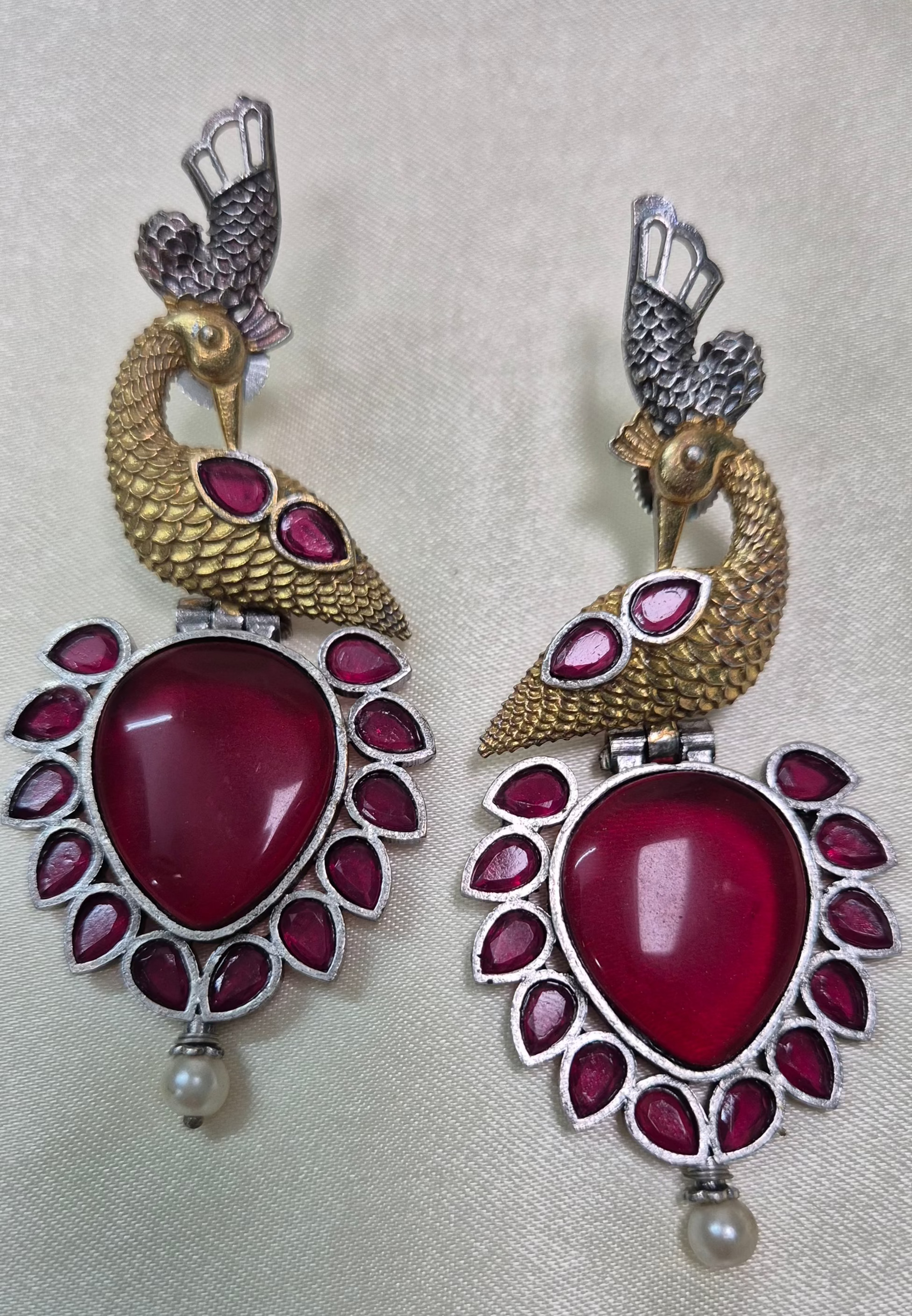 Antique Peacock Ruby Drop Earrings with Pearl Accent