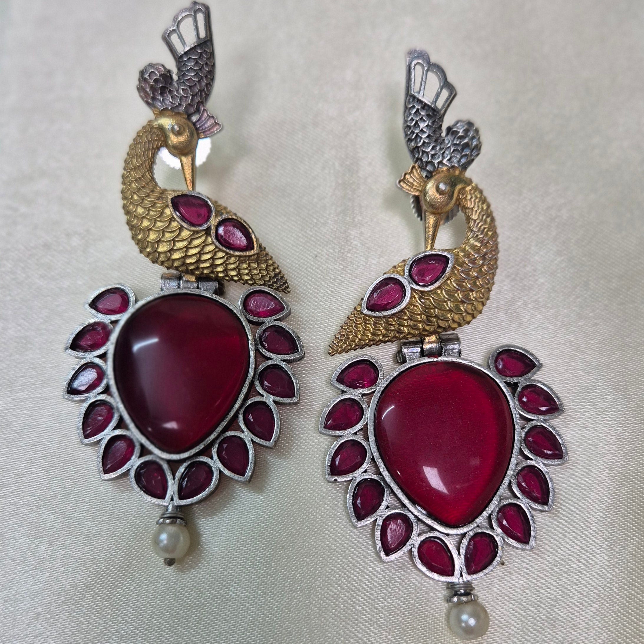 Antique Peacock Ruby Drop Earrings with Pearl Accent